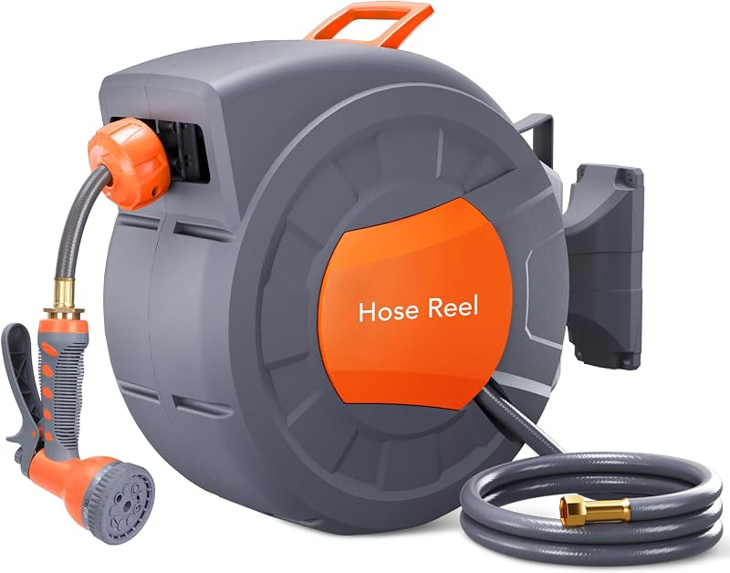 GAOMON Retractable Garden Hose Reel, Water Hose Reel 1/2 in x 100 ft | Wall Mounted, 9-Function Sprayer, Any Length Lock, 180° Swivel, Automatic Rewind & Slow Return System