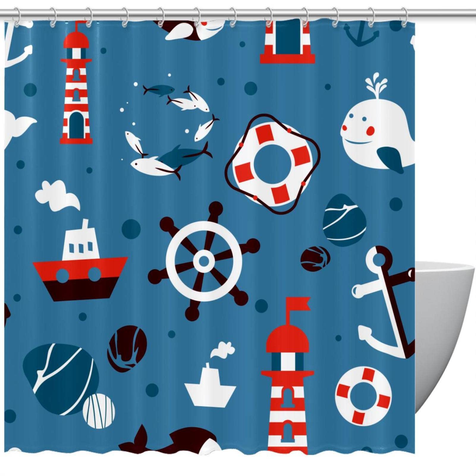 Rideau de douche au motif marin 167x182 cm en textile texturé haut de gamme