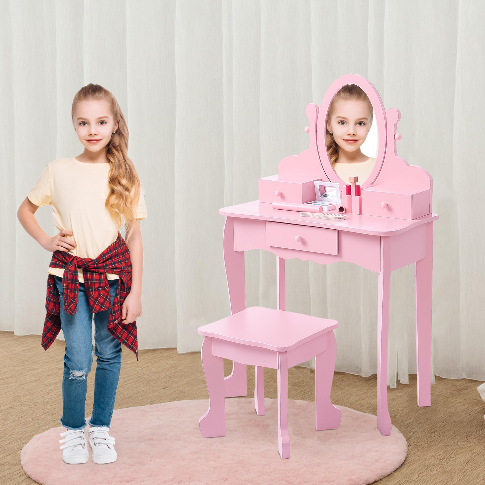 Joyspirit Kids Vanity Set with Mirror & Drawers, Princess Makeup Dressing Table and Stool Playset for Girls Ages 4-9, Wooden Pretend Play Set for Creative Dress-Up Fun, Birthday Gifts, and Room Decor