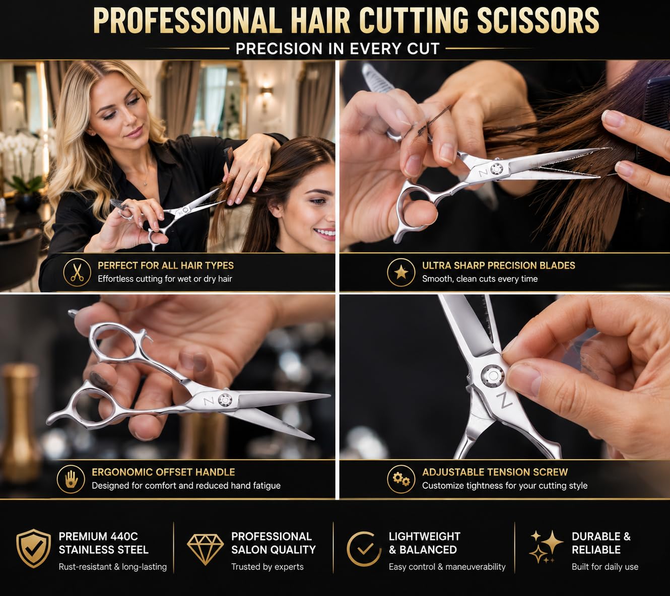 6-Zoll professionelle Haarschneideschere mit ultrascharfen Klingen, hochwertige Haarschere aus Edelstahl für und müheloses Schneiden, ideale Friseurschere für den Einsatz zu Hause und im Salon
