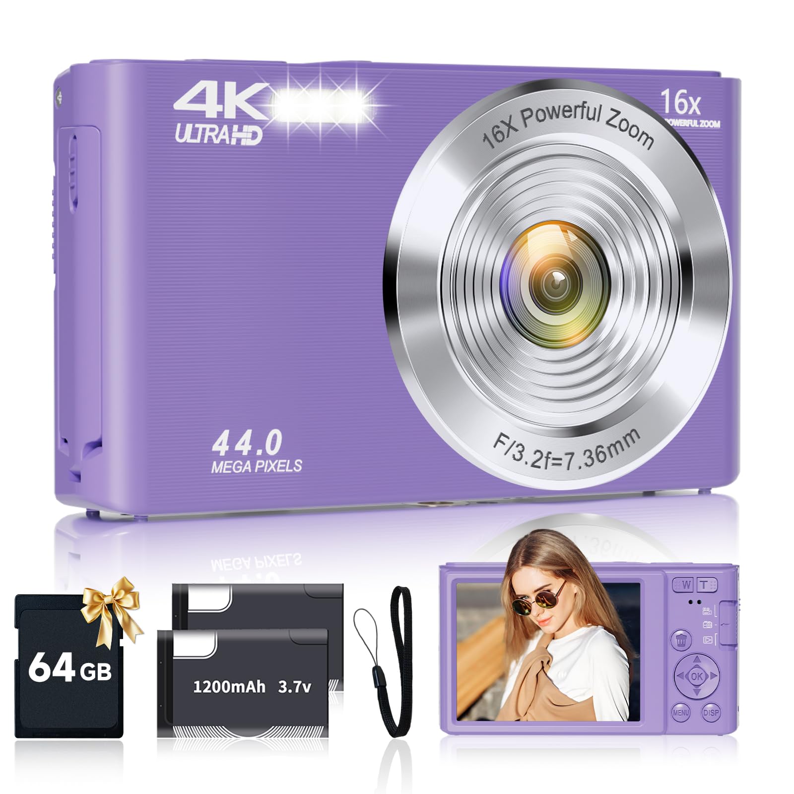 Digital Camera for Teens, FHD 4K 44MP Digital Camera Purple with 64GB SD Card 16X Digital Zoom, Cameras for Photography Compact Point and Shoot Camera for Teen Boys Girls Kids Camera Digital Purple