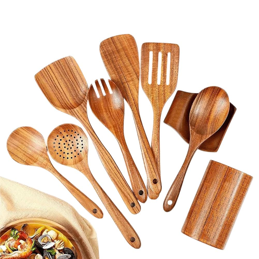 LA BAIESO 9 PCS Natural Wooden Spoons for Cooking Wooden Utensils for Cooking with Utensil Holder Teak Wooden Kitchen Utensils Set