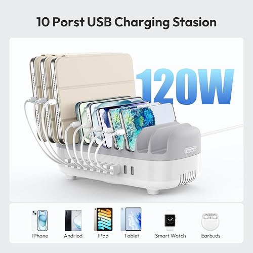 Miniatura 9 de Estación de carga de 10 puertos para múltiples dispositivos, organizador de estación de carga de 120 W, base de carga USB con ventilador de