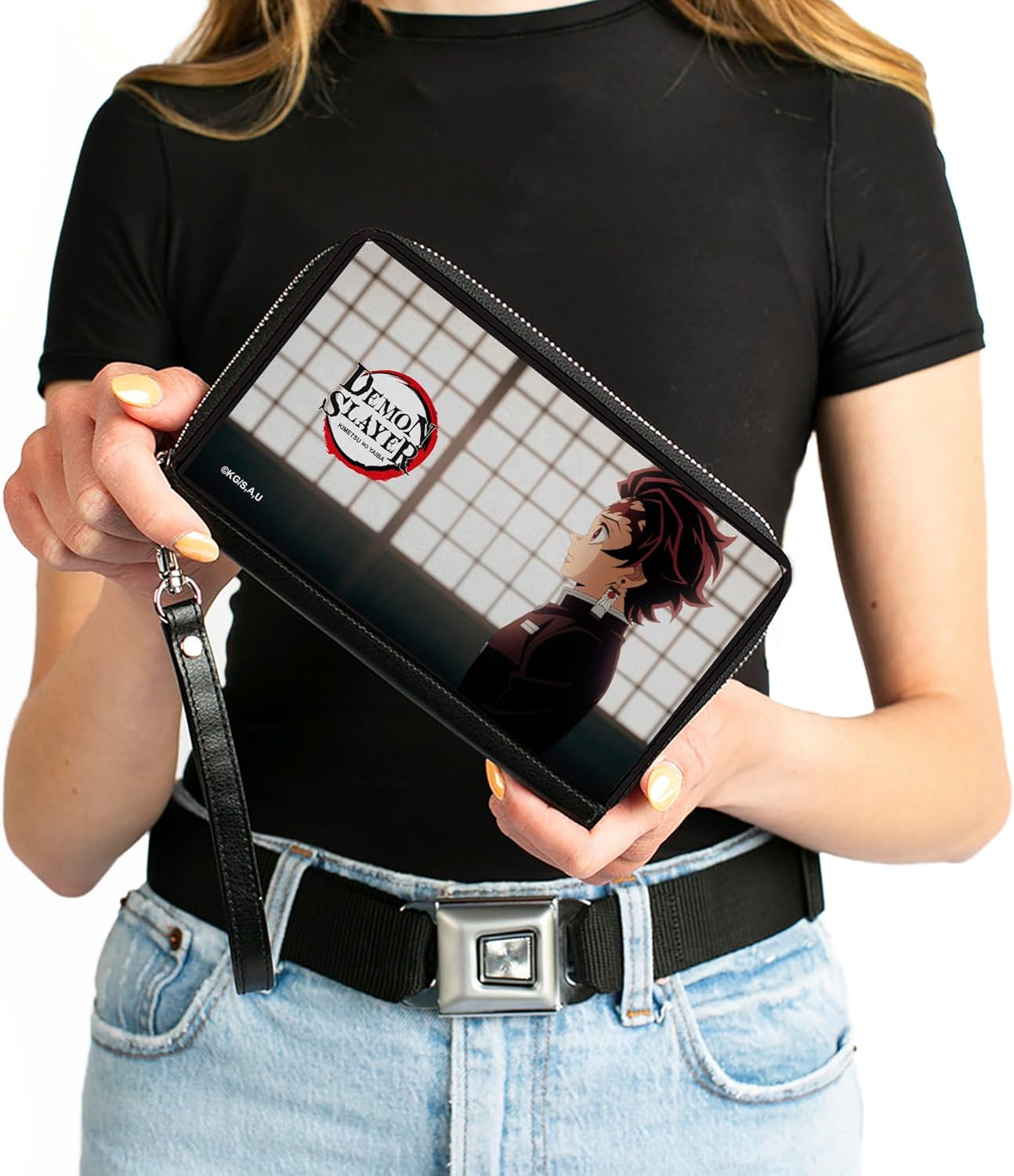 Buckle-Down Aniplex Wallet, Zip Around, Demon Slayer Tanjiro Kamado Profile Pose and Title Logo, Vegan Leather