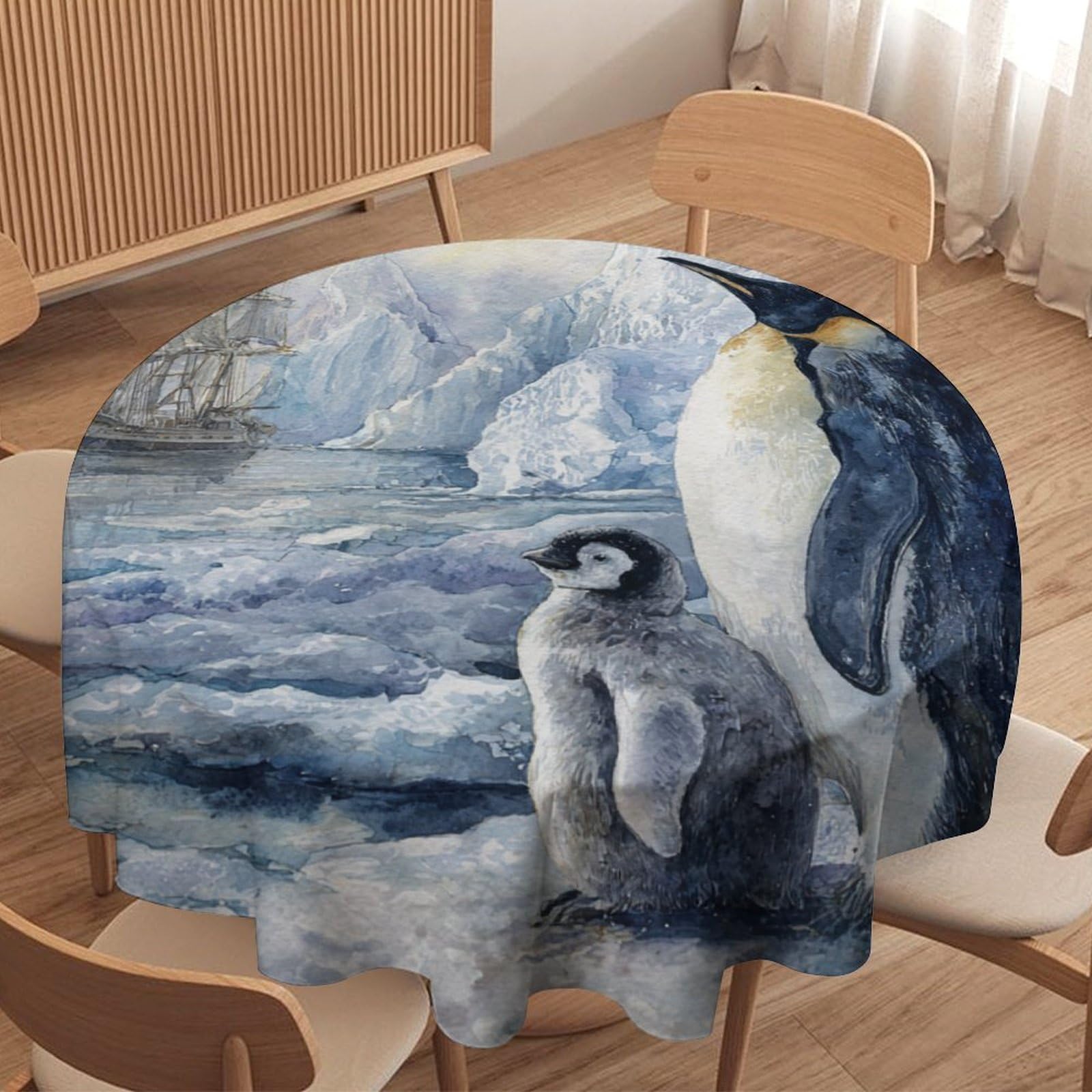 LUYYSKY Funny Abstract Cute Penguin Round Tablecloth Classic Oil Painting Antarctic Pirate Ship Animal Penguin Washable Decor for Table Cover for Kitchen-152.4" Wx152.4 L cm