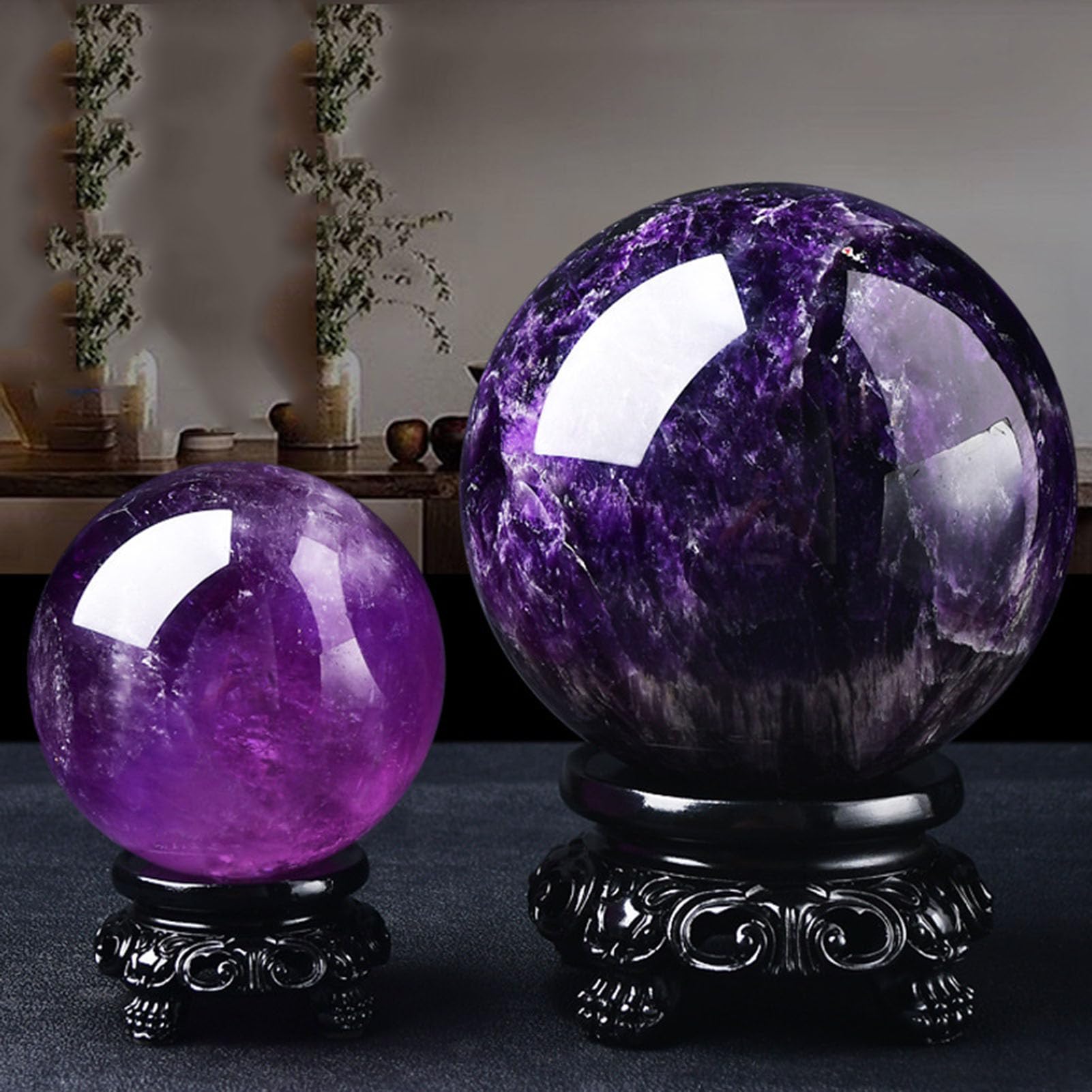 Sfera di Cristallo di Ametista Naturale Cristalli curativi Sfera Grandi Sfere di Quarzo Viola Esemplare di Pietra preziosa con Supporto in Legno per Meditazione Reiki, Feng Shui,3CM
