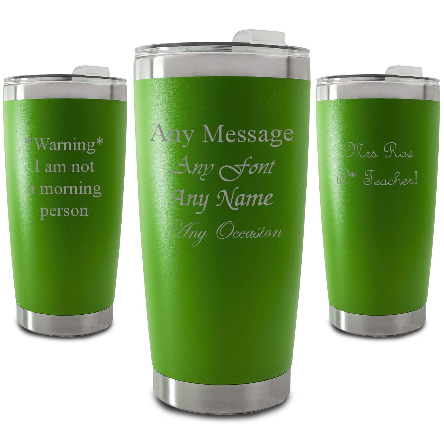 Personalisierter, gravierter, grüner 500-ml-Reisebecher, personalisierbar mit jeder Nachricht für jeden Anlass, Auswahl aus verschiedenen Schriftarten, inklusive Geschenkbox, Lasergravur
