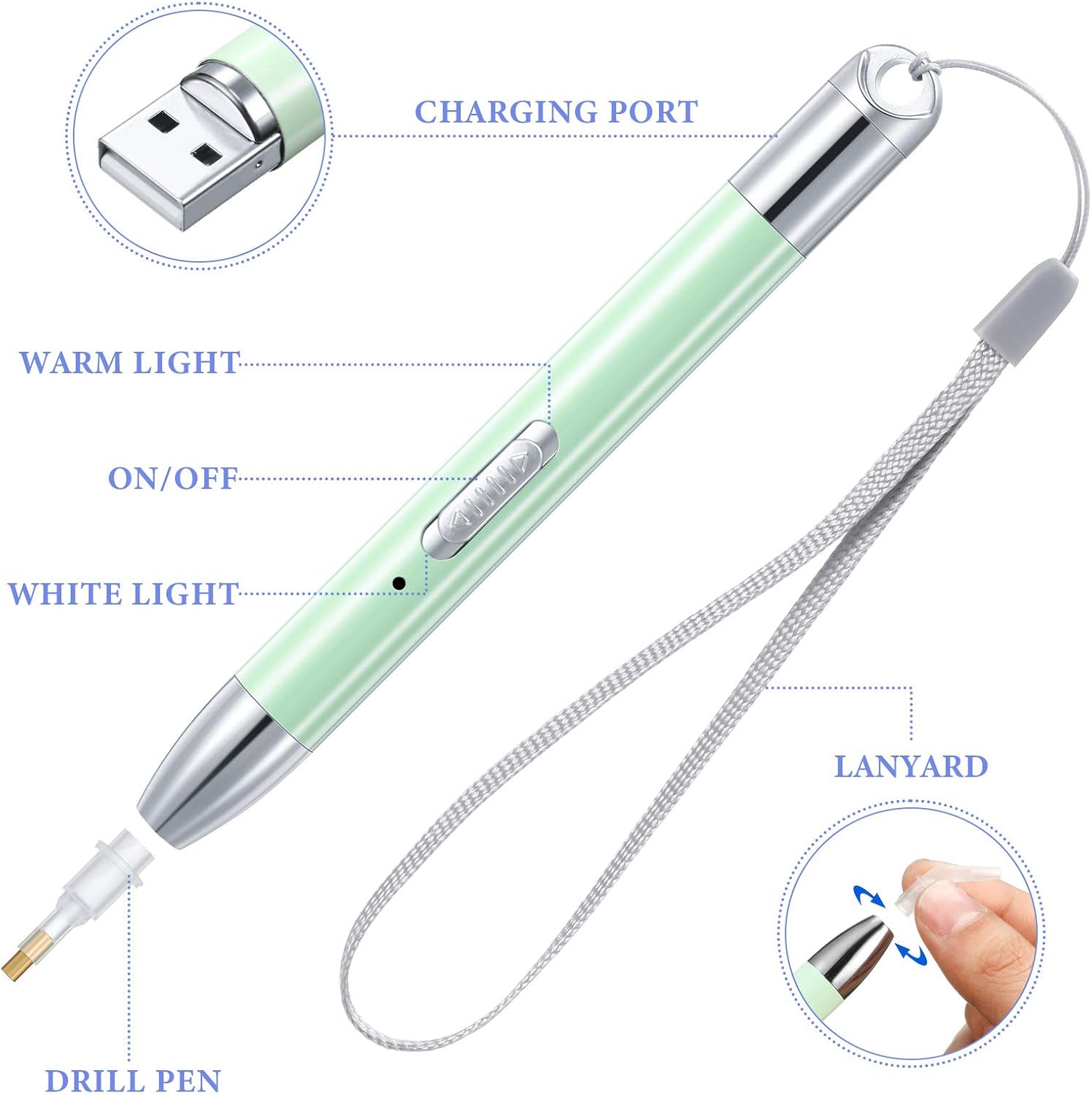Zonon 2 Pieces LED Diamond Painting Pen 5d USB Rechargeable Lighting Point Drill Pen with 10 Head and 20 Glue Clay for DIY Handicraft(Green, Purple)