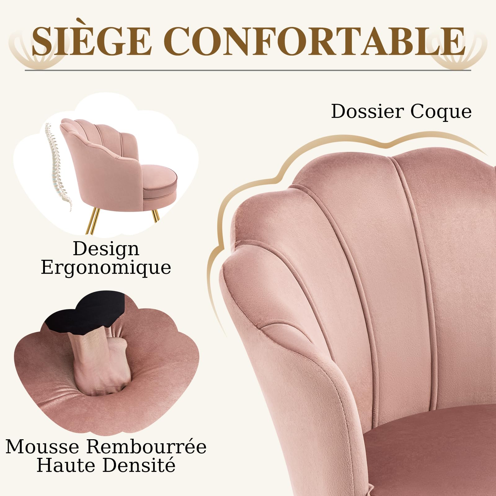Hellove Chaise Coiffeuse Velours Doré | Fauteuil Salon Confortable, Chaise Coquillage Rose pâle avec Pieds Métal Or, Fauteuil Coiffeuse Idéale pour Salon, Chambre, Lecture, Tabouret Coiffeuse
