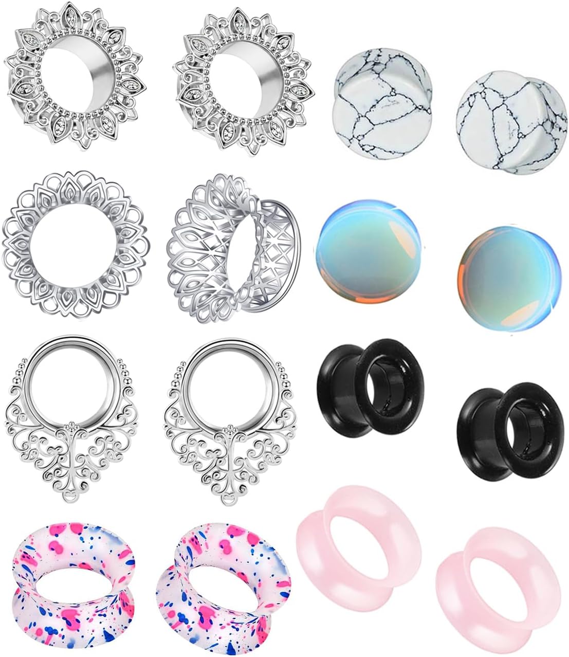 8 Pairs Stainless steel Ear Tunnels Earrings Silicone Gauges Plugs For Ear Brass Hollow Plugs and Tunnels Glass Piercings Stretcher Kit 2g 00g 5/8