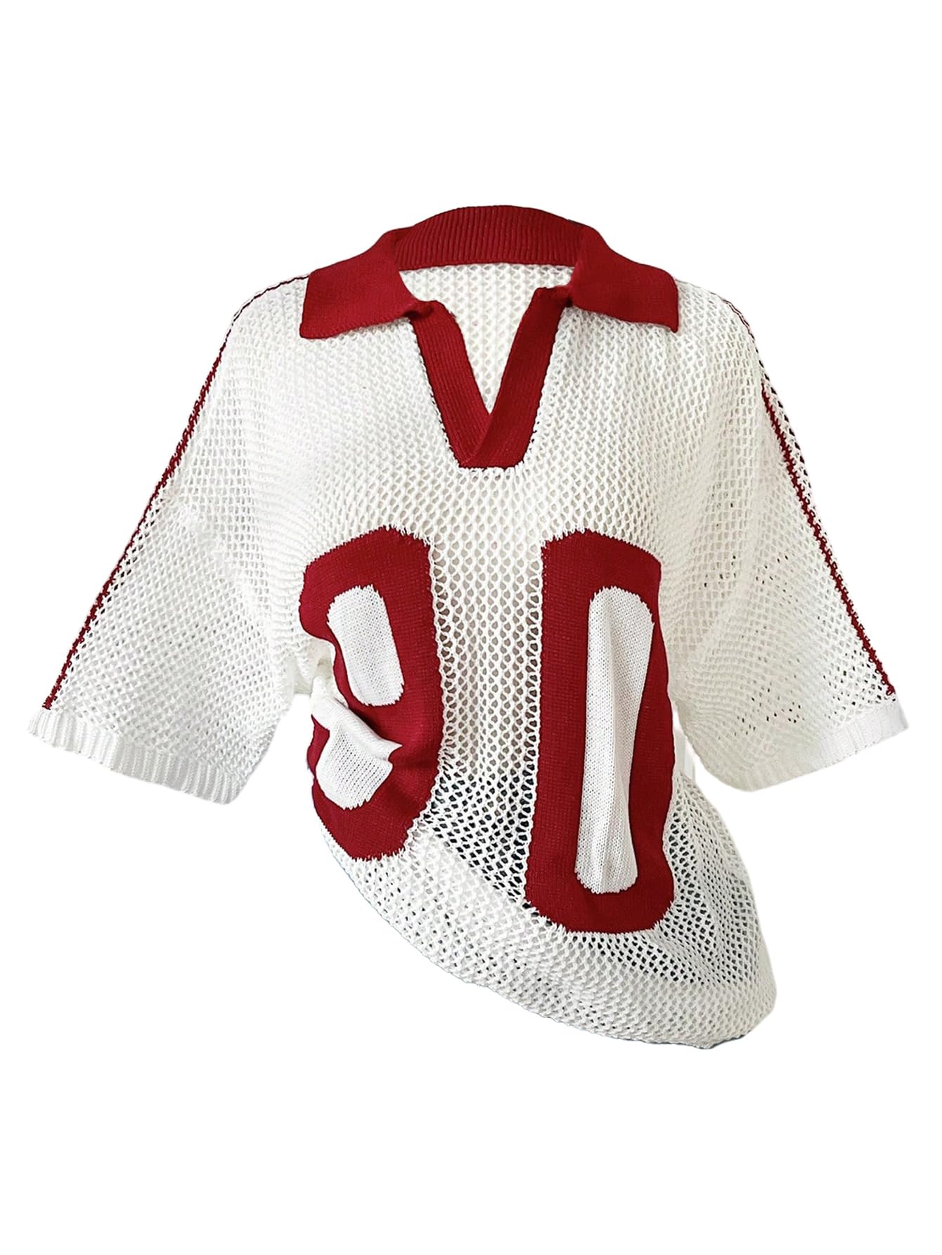 Women's Crochet Jersey Shirts Hollow Out Number Letter Y2K Tee Sweater Collar Short Sleeve Knit T Shirt