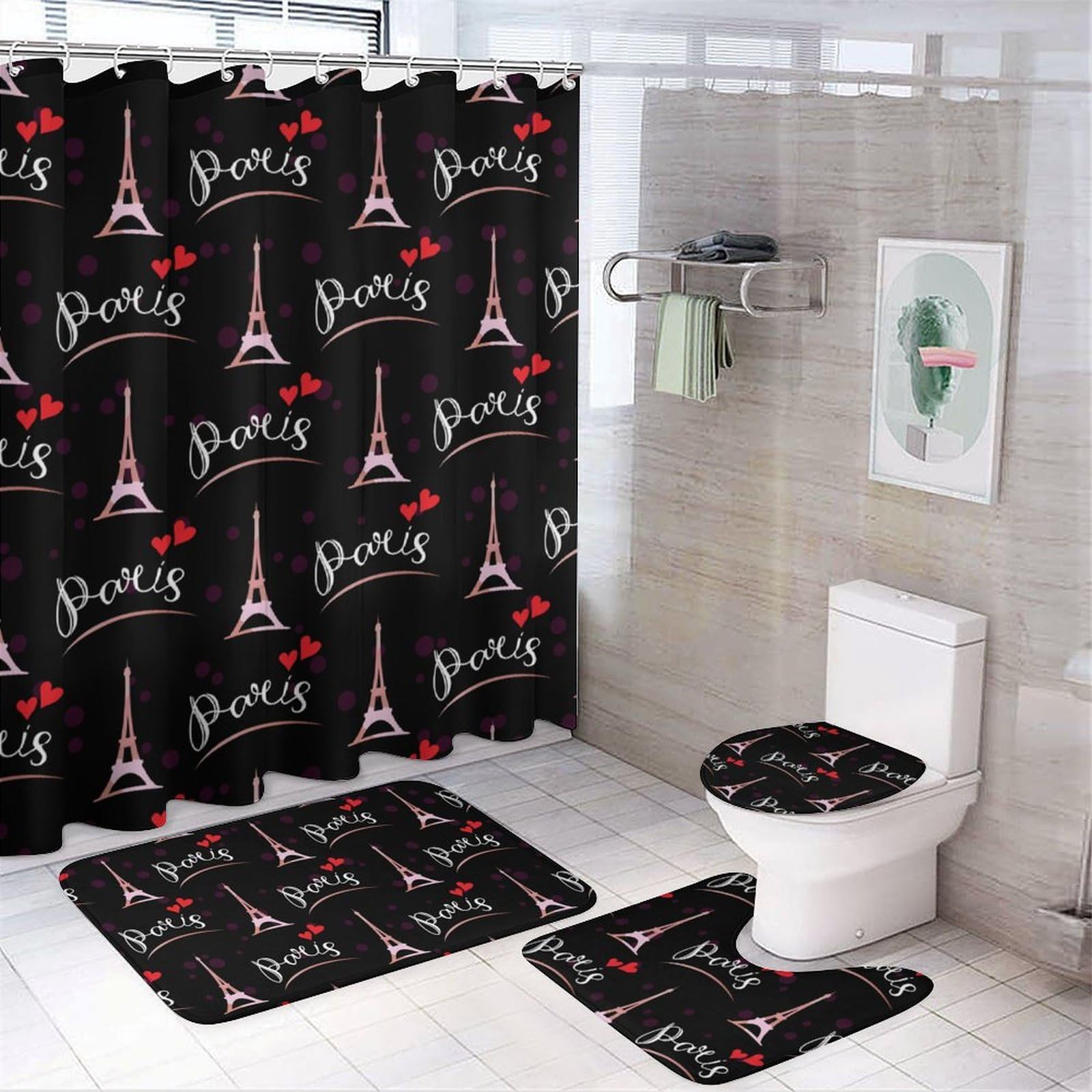 Paris Romantic Eiffel Tower 4 Pcs Shower Curtain Set Bathroom Sets with Rugs Toilet Lid Cover Bath Mat Bathroom Decor