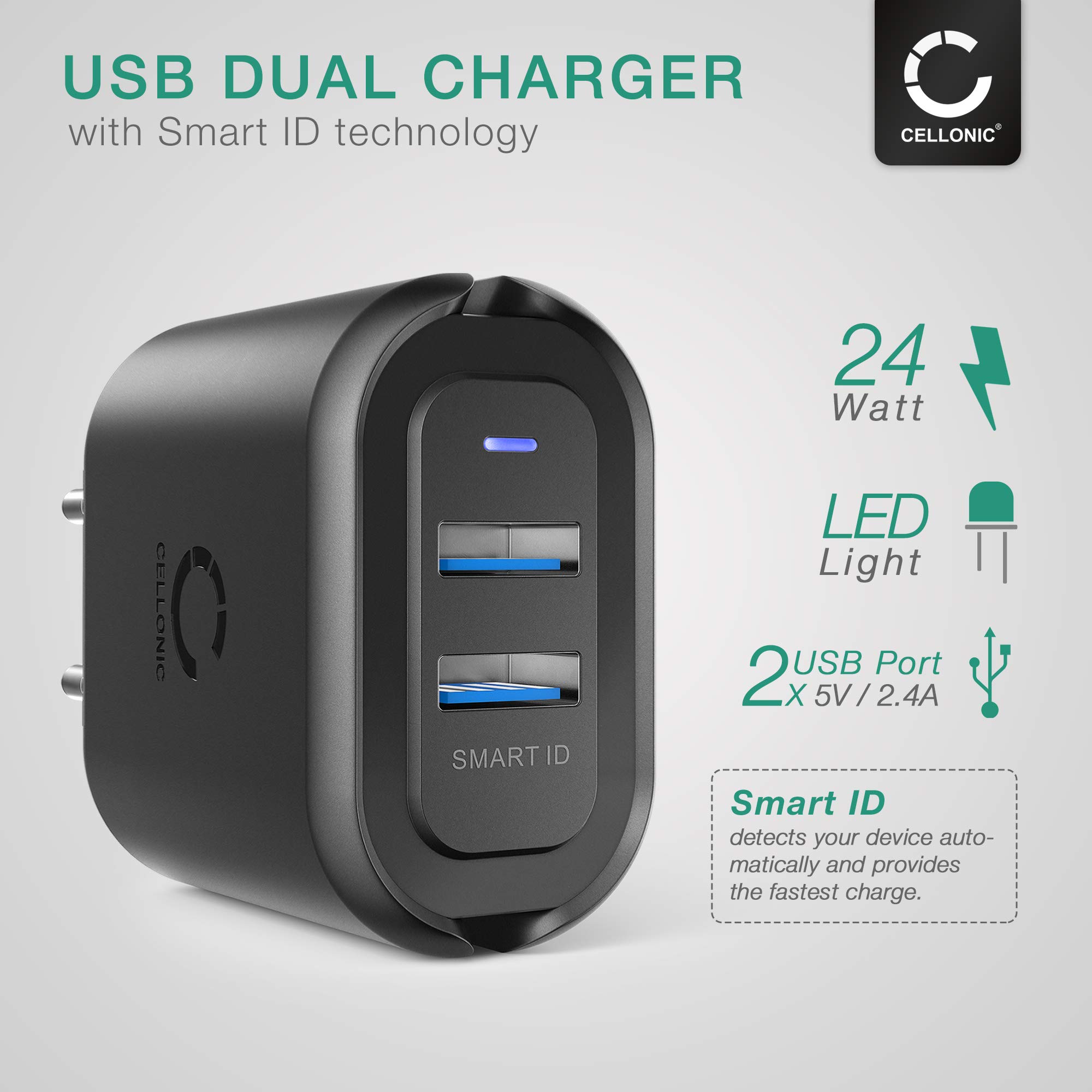 CELLONIC USB Stecker-Ladegerät – 2 Ports, 24W Schnellladung, Kompakt Für Reisen, Mit Schutzfunktionen