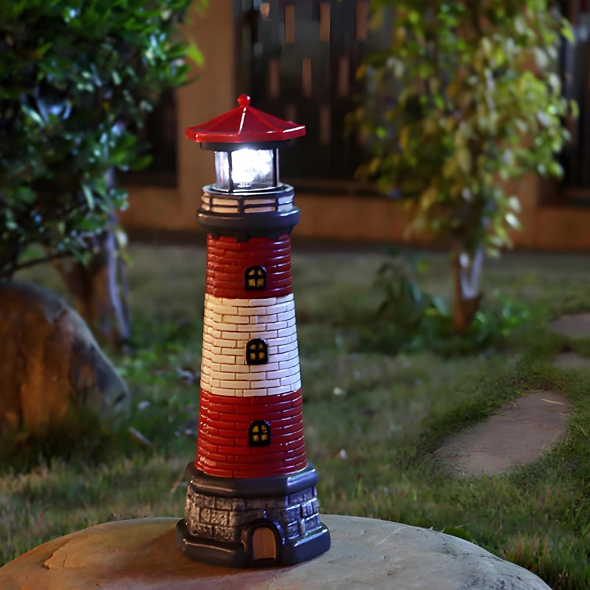 Solar Outdoor Lighthouse Garden Statue, Automatic Rotating Beacon, 14-Inch | IP65 Waterproof, Auto-on at Dusk, Wire-Free Setup, Decorative Solar Light, for Patios, Porches, Lawns and Yards, Red