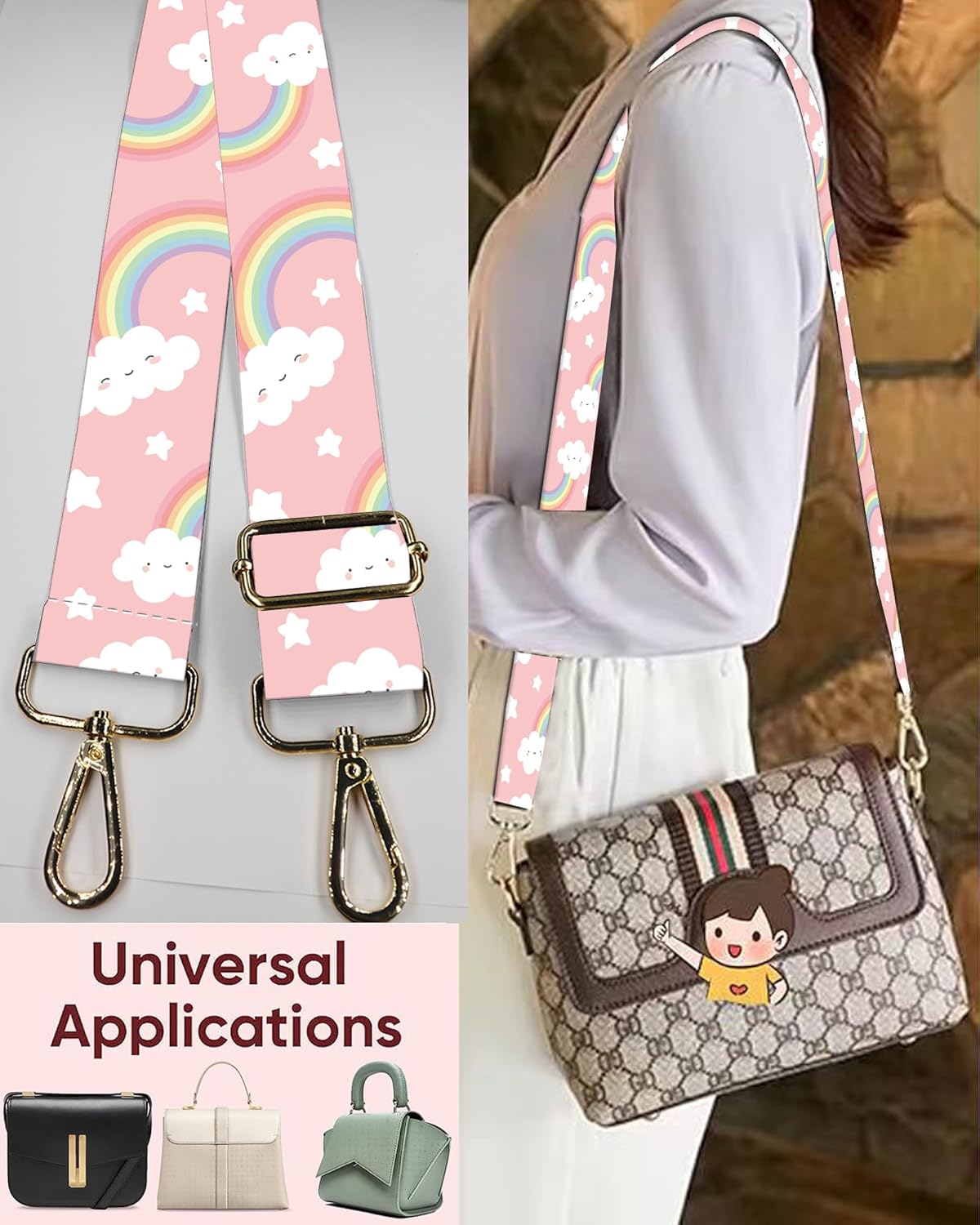 Wide Purse Strap Replacement Crossbody Handbag Shoulder Strap Adjustable Bag Straps Replacement (Cute Rainbow Stars) - Image 6