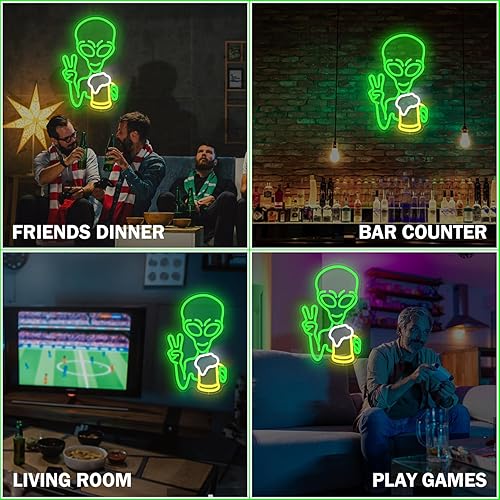 Miniatura 6 de Letrero de neón alienígena verde, luz de neón de cerveza, luces LED regulables para decoración de pared, luces iluminadas para dormitorio, cueva de