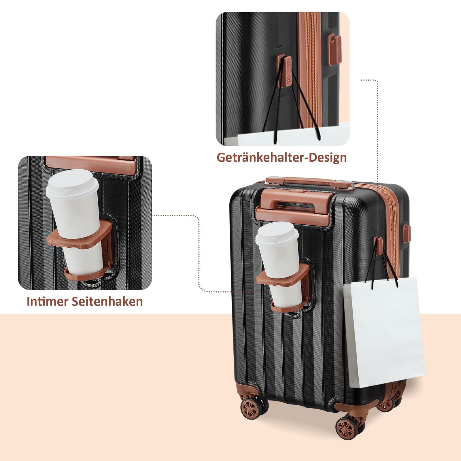 Joyway Set valigie da viaggio 6 pzs, Set di Valigie Rigide 6 Pezzi Espandibile, Valigia bagaglio a mano con porta USB e portabicchieri, Nero Marrone