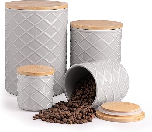Miniatura 10 de Sweejar Juego de recipientes de cerámica para encimera de cocina, tarro de almacenamiento de alimentos en relieve con tapa de bambú, recipiente