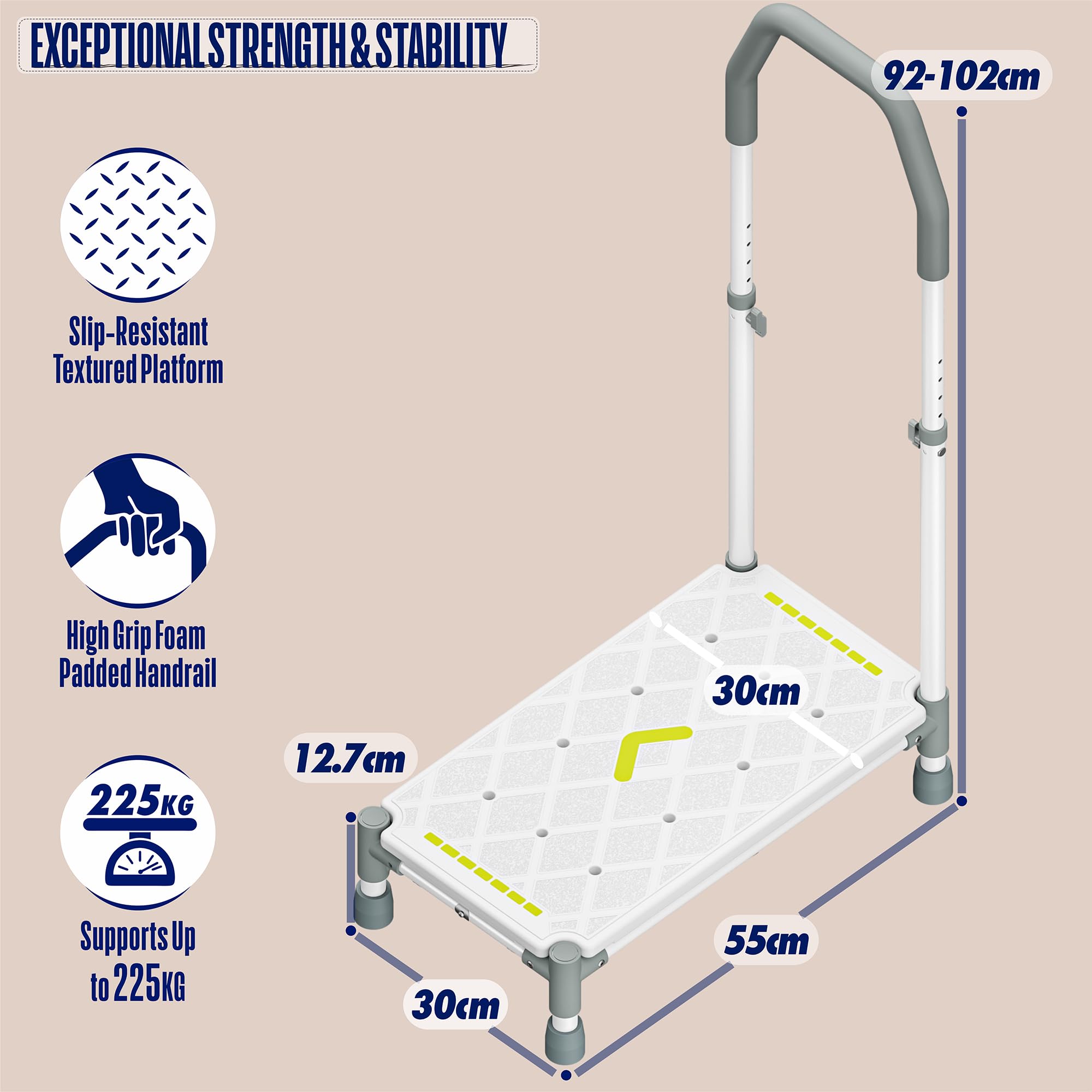 Marchepied avec marche de 55 cm – Accoudoirs réglables en hauteur, charge maximale 225 kg, bandes luminescentes et antidérapantes – Idéal pour lits hauts, camping-car, cuisine, salle de bain