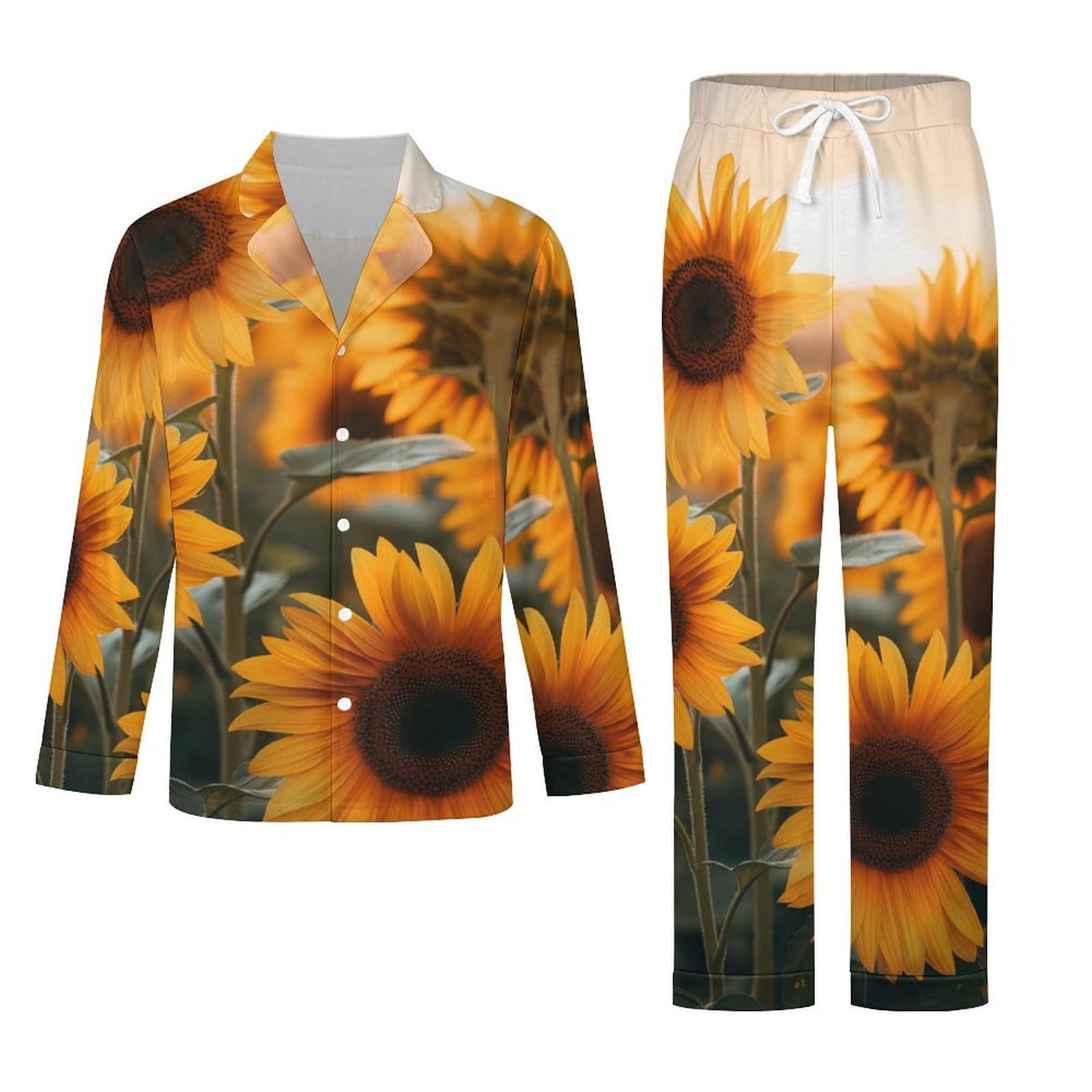 Completo Pigiama da Uomo 2 Pezzi - Mare di Fiori Gialli Pigiama A Maniche Lunghe Abbigliamento da Casa 2 Pezzi Top + Pantaloni Morbido E Caldo Pigiama Autunnale E Invernale
