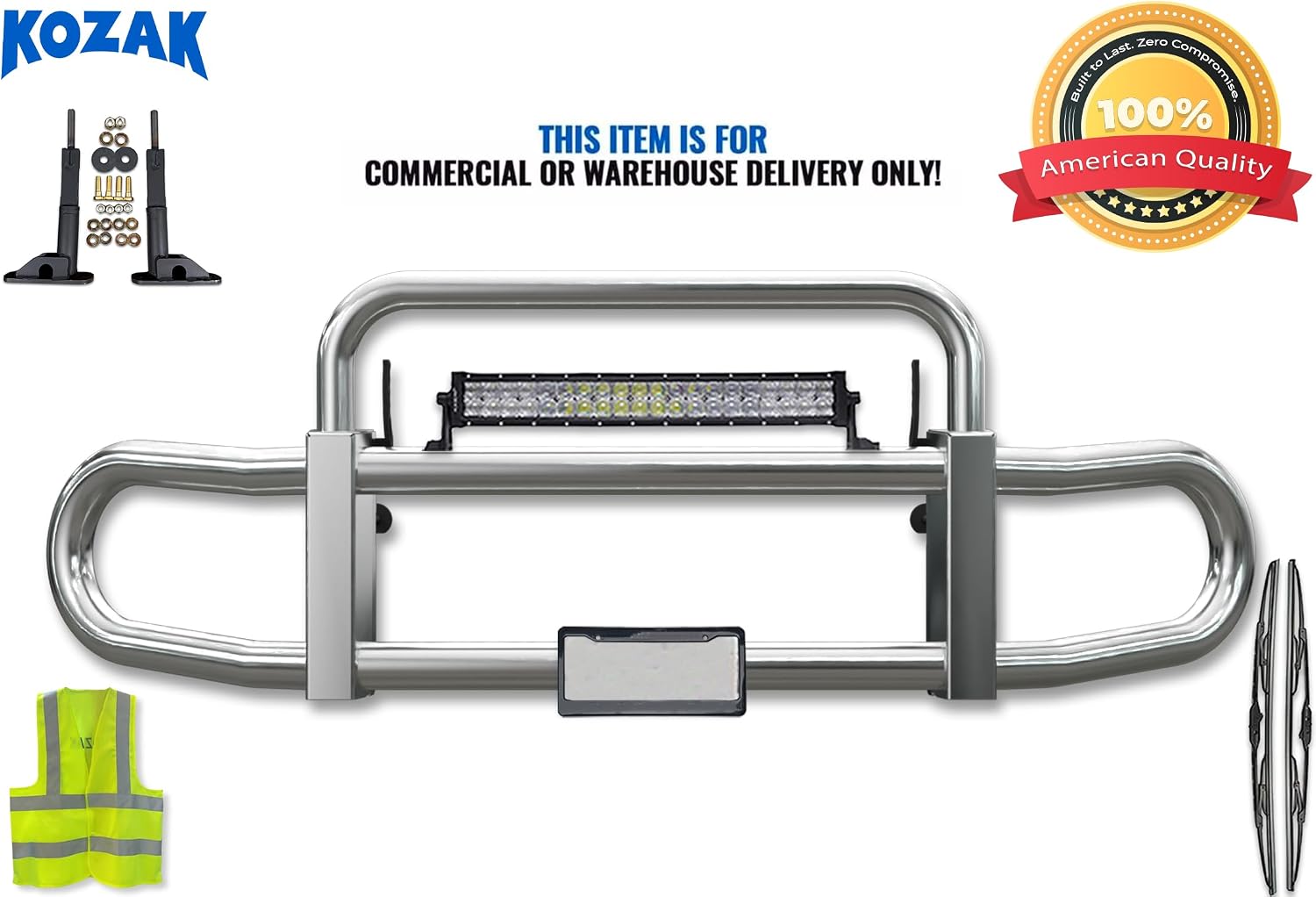 KOZAK Grille Deer Moose Brush Bumper Guard Herd 200 w/ 22" LED Bar 120W Compatible with Freightliner FL 114SD SBA 2012-2024 Plus Brackets, Logo, 2X 22 Wipers, License Plate Holder & Frame, Vest