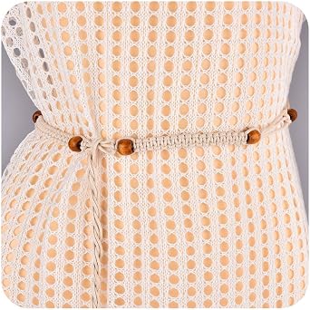 Kefley Beaded Rope Belt for Women Thin Woven Braided Waist Belts for Dress Bohemian Tie Belt Waistband Brown Beige