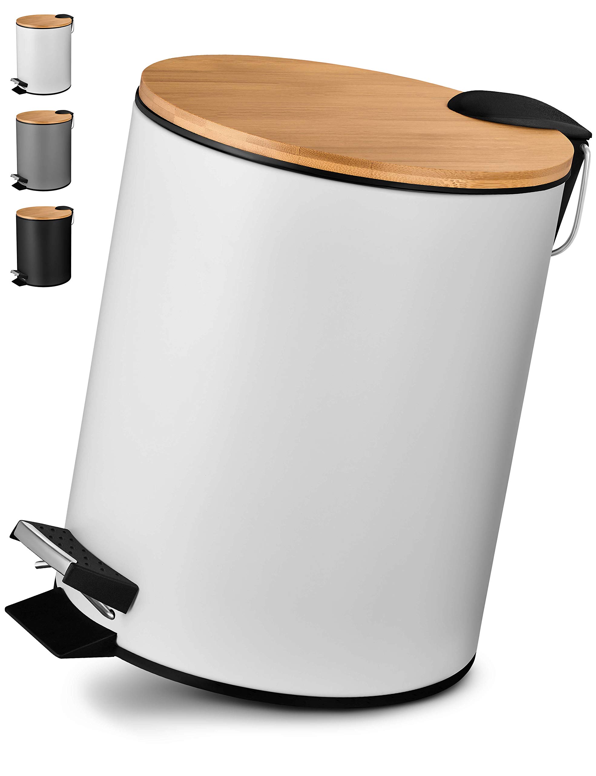 VMbathrooms Papelera baño de 5L en noble diseño blanco | Cubo de baño con cierre suave | Elegante cubo para el baño con contenedor interior y tapa de madera de bambú | + E-Book Gratis