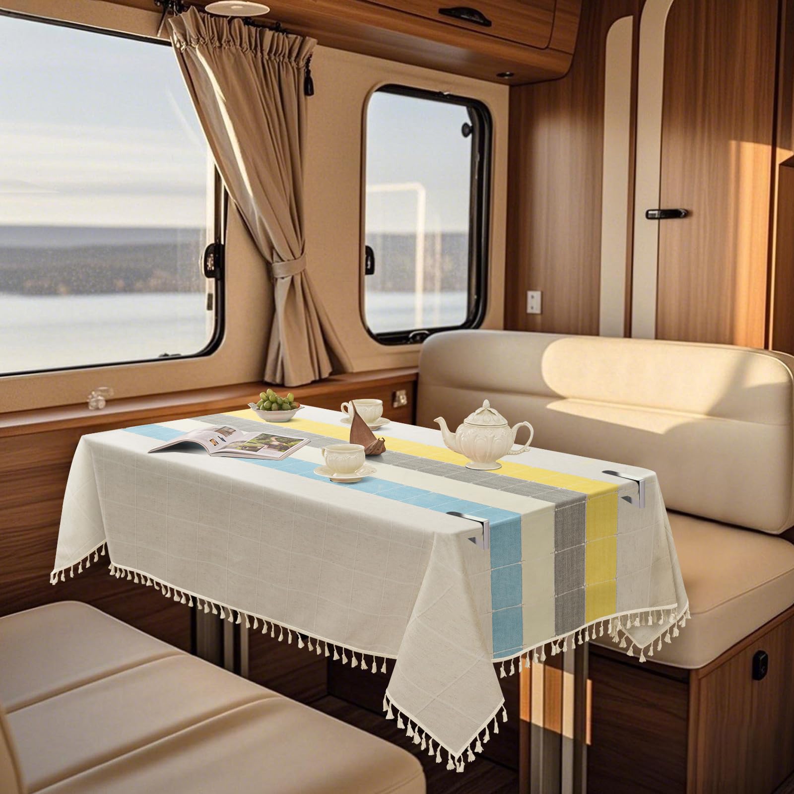 SYLC Waterproof Linen Tablecloth for Motorhome, Outdoor Table Cloth Rectangular with 6 Clips Non-slip, Wipeable Table Sheet for Dining/dinette (printed 16,90 cm × 130 cm)