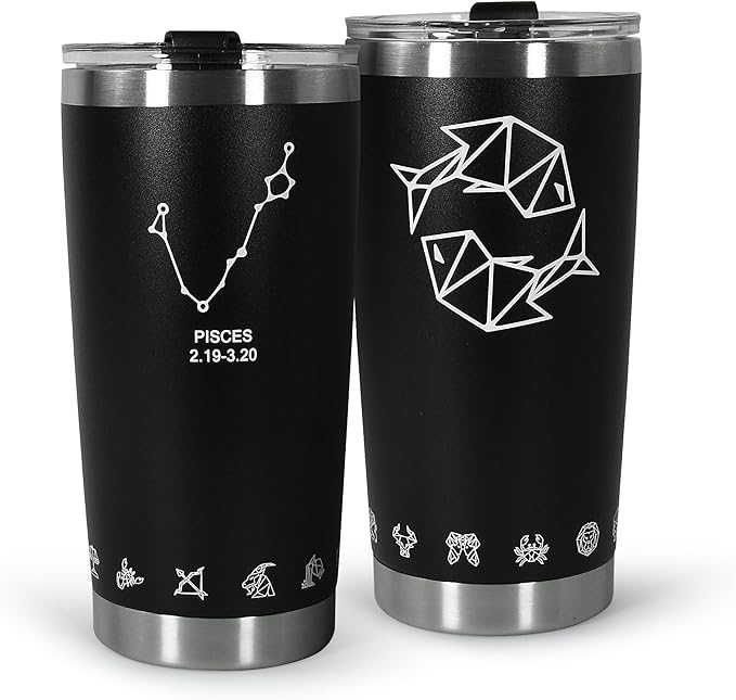 sweet grain 20oz Coffee Tumbler - Stainless Steel Double Wall Insulated Constellation Tumbler with Lid and Straw, Personalized Zodiac Gifts for Birthday/Bachelor Party - Pisces