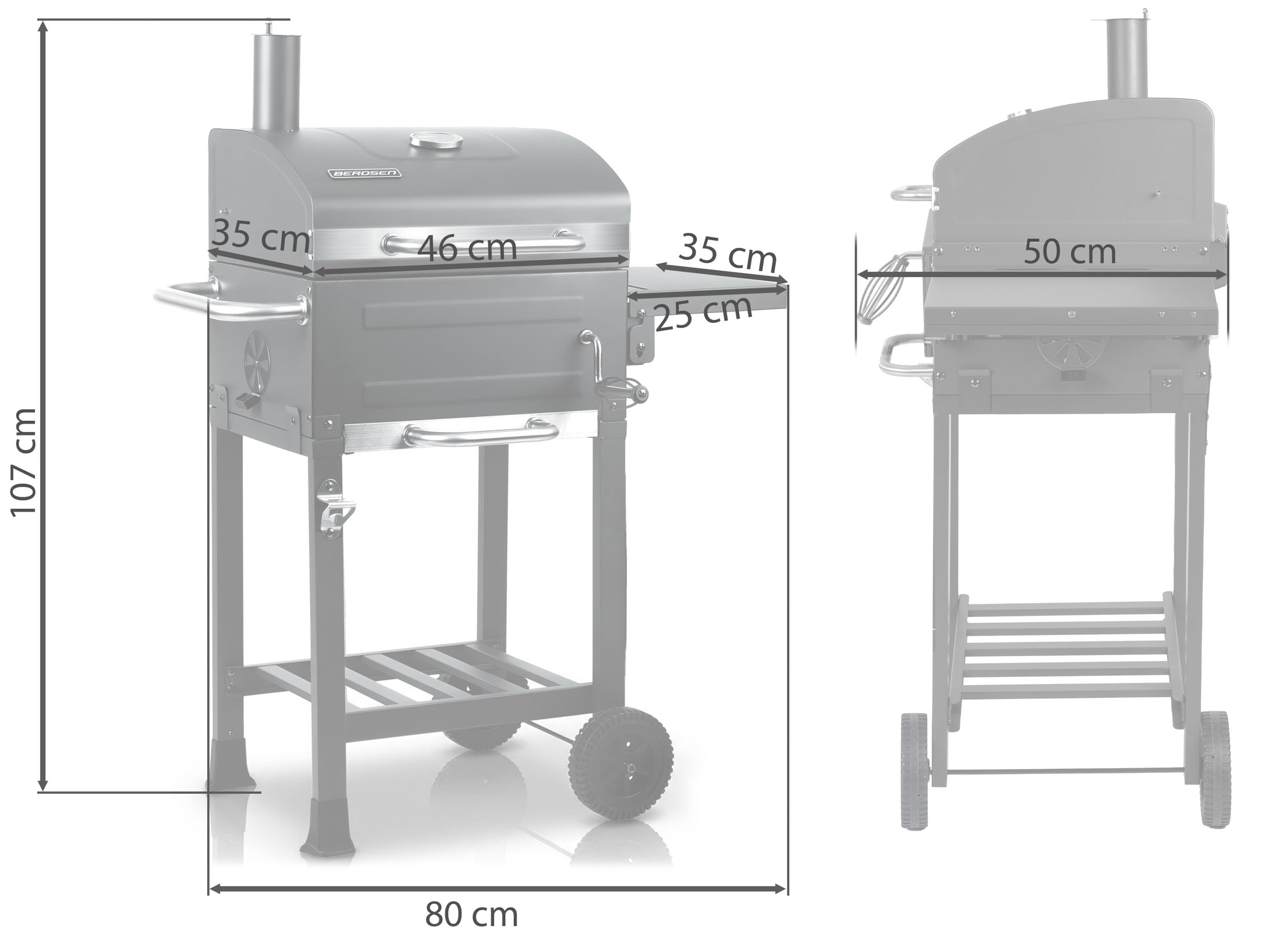 Berdsen BBQChef - Barbecue a carbonella con camino e griglia in ghisa, 40 x 31,5 cm, vassoio per carbone, termometro, portacenere e ripiano, griglia su ruote, antracite