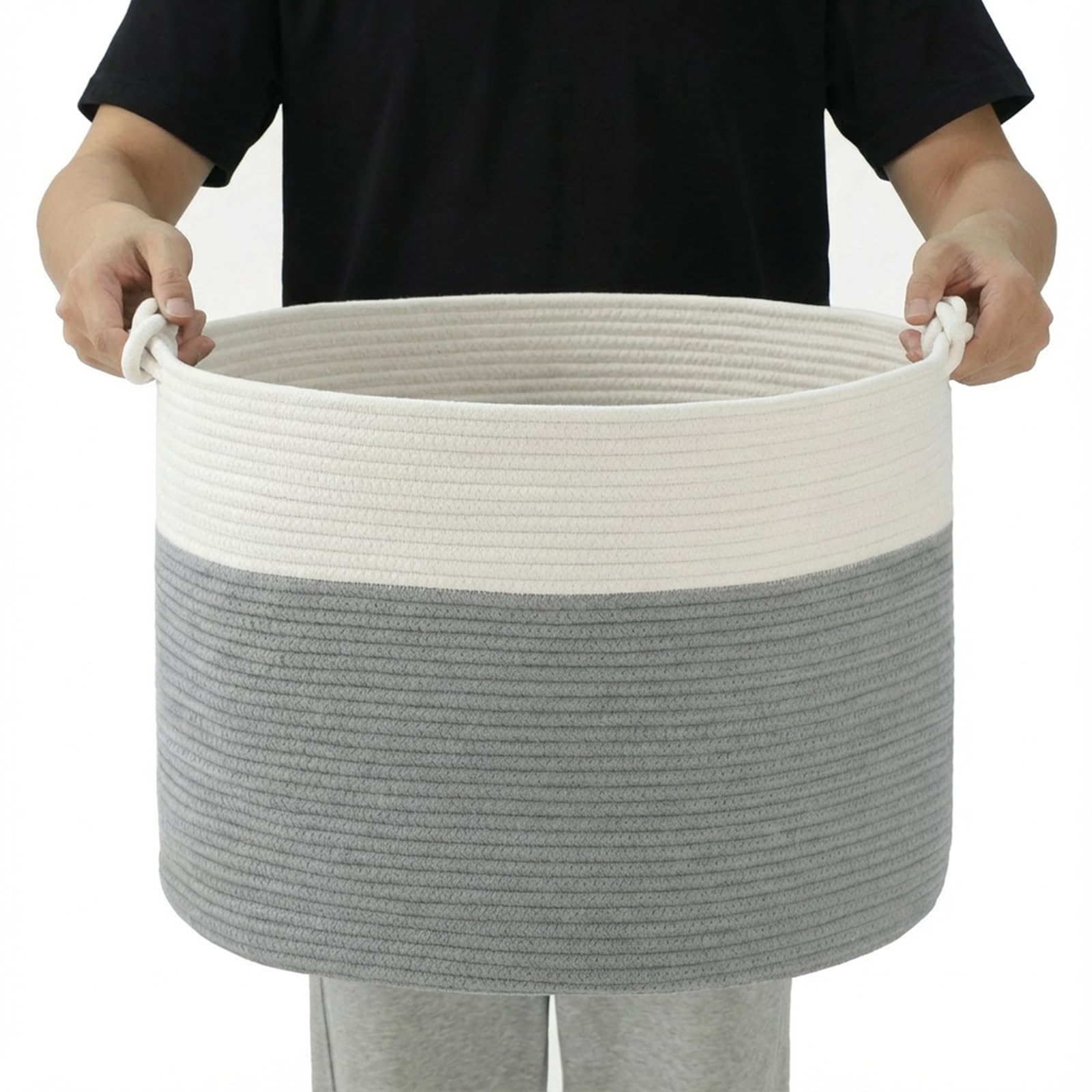 COSYLAND Cesto de Ropa Sucia de Cuerda de Algodón D50 x H35 cm – Cesta para la Ropa Sucia con Asas – Cesto Plegable para Mantas, Juguetes y Lavandería – Blanco Crema y Gris Claro