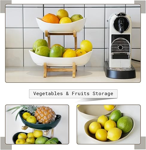 Miniatura 3 de Mangoton Cesta de frutas de 2 niveles, frutero para encimera de cocina, cesta de frutas de cerámica para cocina, organizadores de cocina, caqui