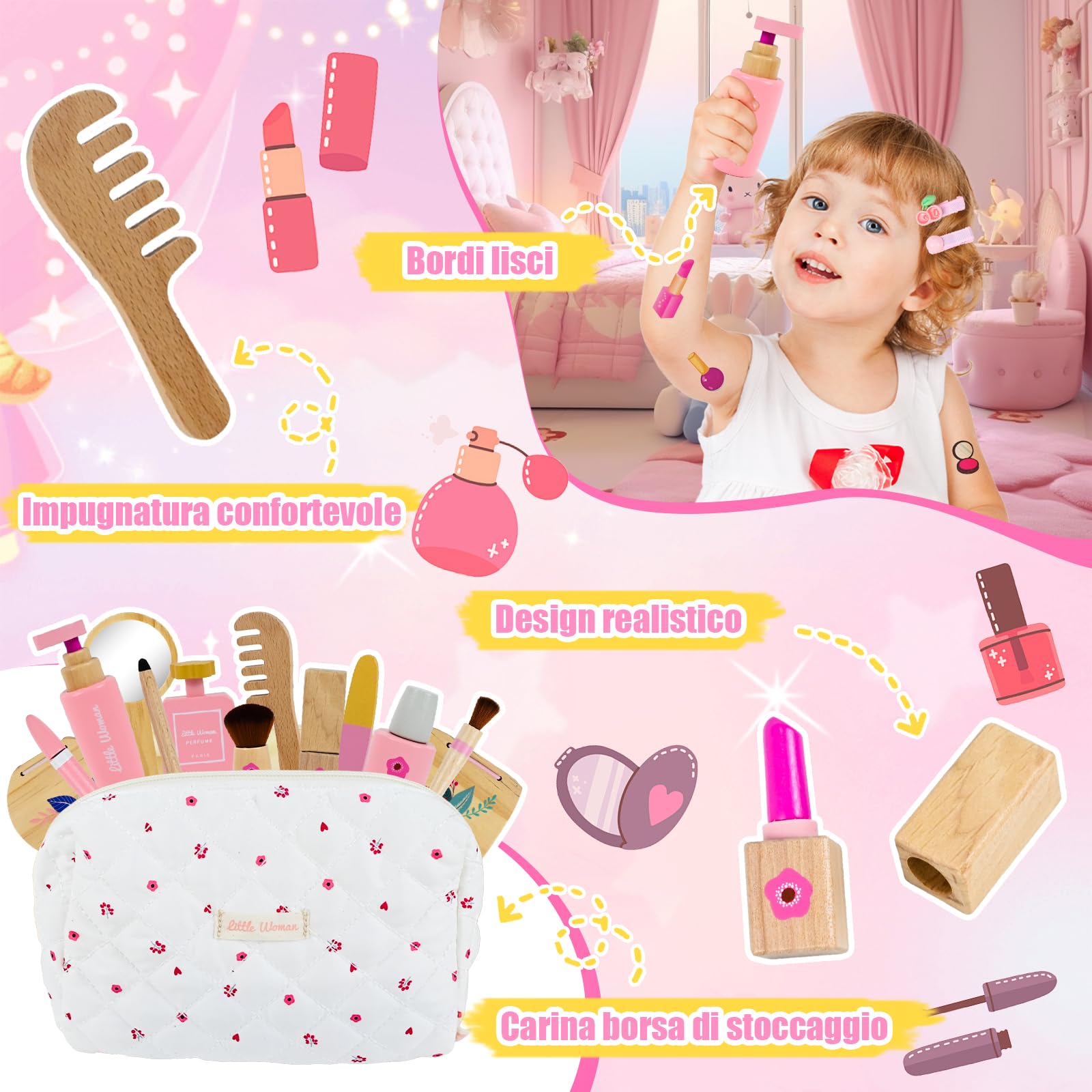Joellfuner Set di trucchi per bambini, in legno, per bambini, in legno con fermagli per capelli e tatuaggi, gioco di ruolo, regalo di Natale per compleanno a partire dai 3 anni in su