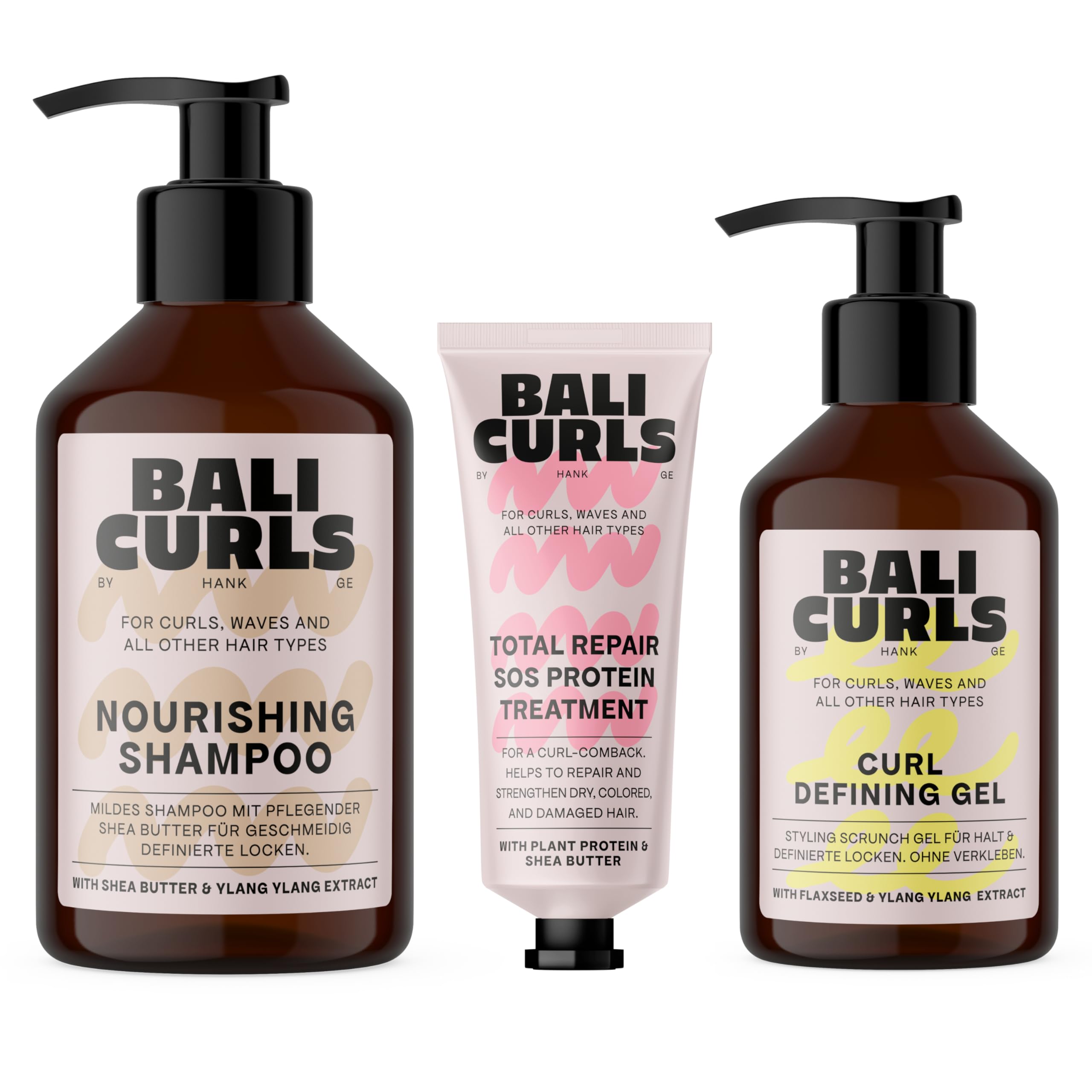 BALI CURLS Set – Nourishing Shampoo (250 ml), Curl Defining Gel (150 ml) & SOS Protein Treatment (20 ml) – Pflegeset für gepflegte, kräftige & definierte Locken
