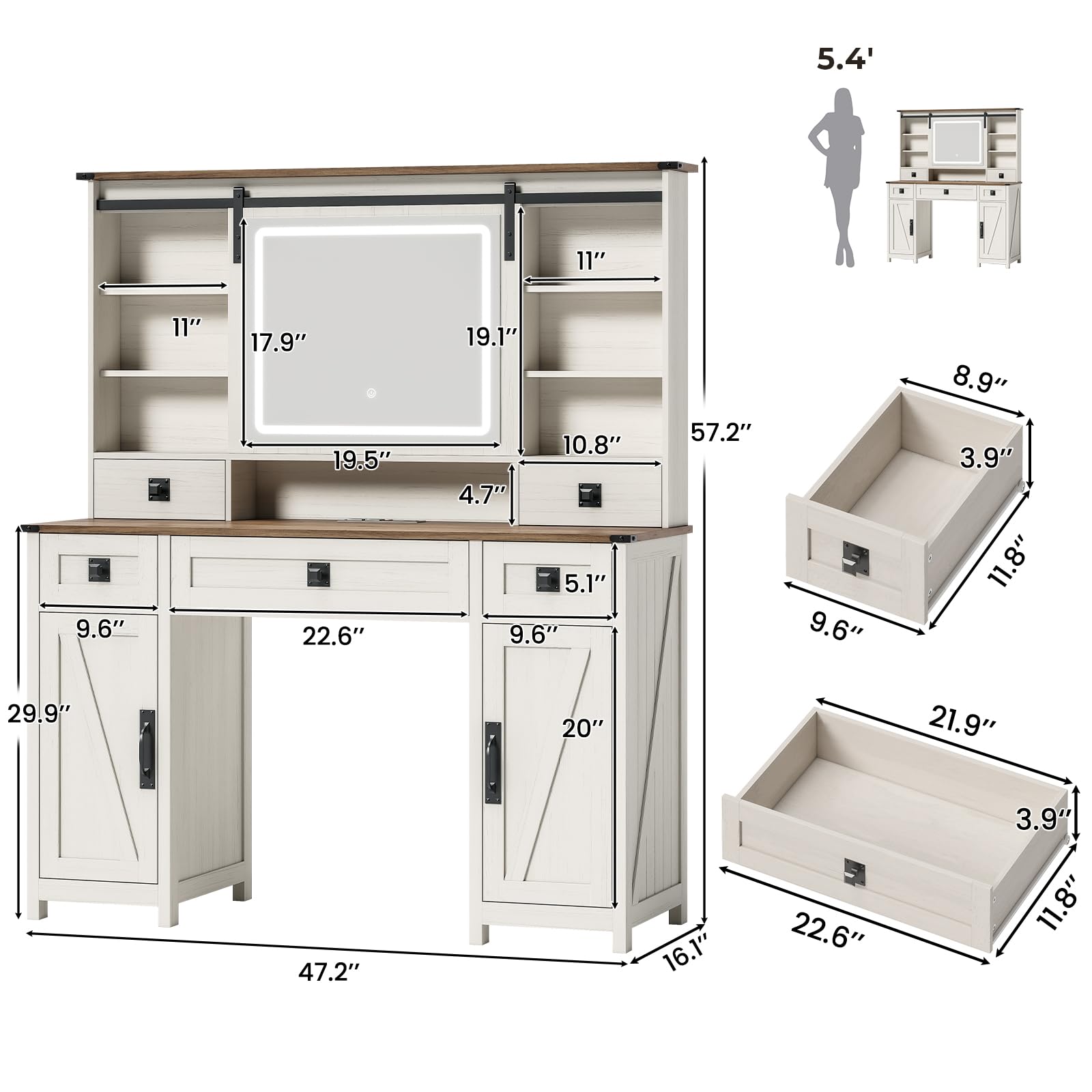 Farmhouse Makeup Vanity Desk with Sliding Mirror and Lights, 47.2