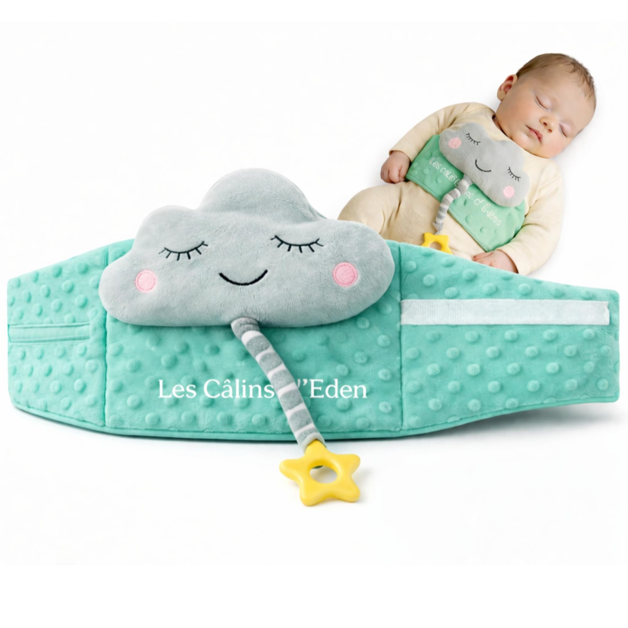 Ceinture bouillotte bébé anti-coliques – poche gel chaud/froid, doudou musical amovible, anneau de dentition silicone étoile, housse satin – soulage coliques & ballonnements – Certifiée CE