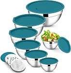 E-far Mixing Bowls with Lids Set, 7-Piece Stainless Steel Metal Mixing Bowls with 3 Grater Attachments, Size 4.6, 3.5, 2.6, 2, 1.5, 1, 0.7QT, Nesting Design & Black Airtight Lids, For Baking/Cooking