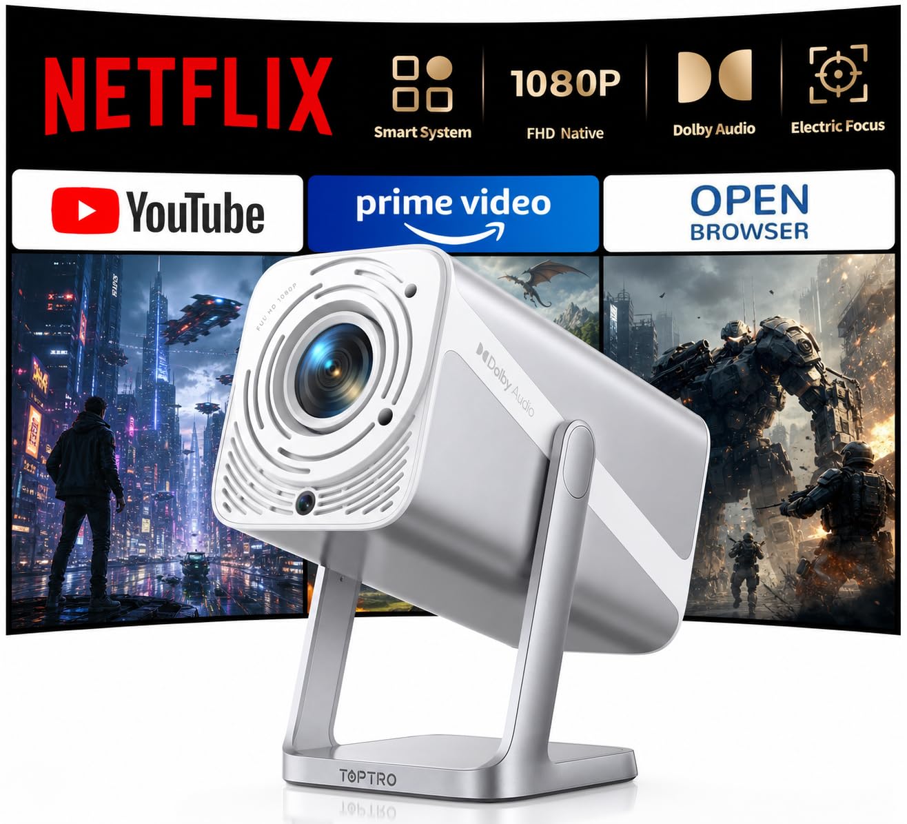 プロジェクター 家庭用【Netflixライセンス&20WDolby対応】750ASNI 高輝度［AI自動フォーカス＆自動台形補正］プロジェクター 4K 内蔵 Netflix/YouTube/PrimeVideo WiFi6 双方向Bluetooth5.3 20Wスピーカー プロジェクター 天井投影 スマホ/PC/DVD/Switchなどに対応 ホームプロジェクター TOPTRO TP1