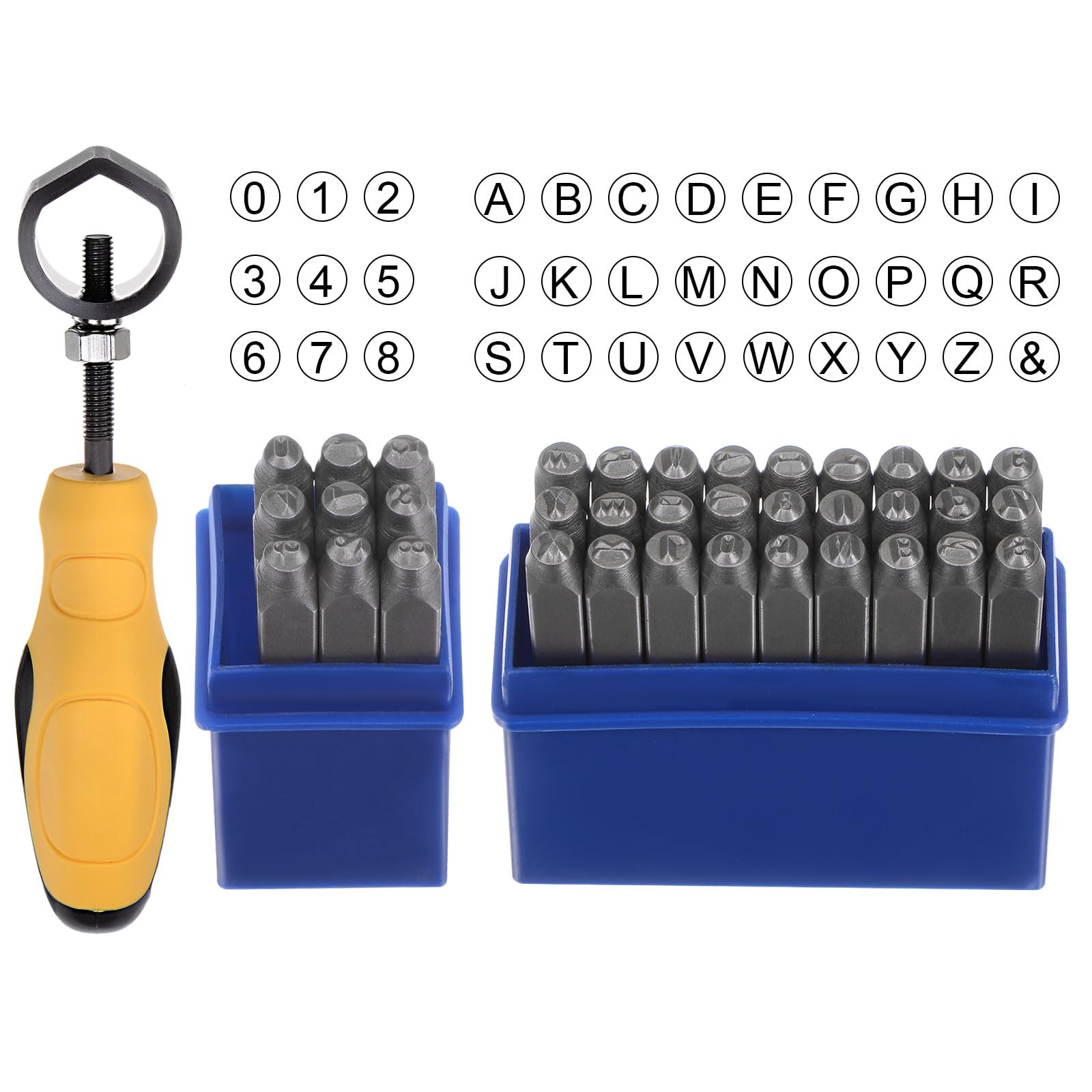 QUARKZMAN 36uds Juego de Grabado Metal 1/8" (3mm) (A-Z, 0-8, "&" Símbolo) Punzón Acero para Letras con Herramienta Prensa Y Soporte para Grabar en Metal, Plástico, Madera, Cuero, Plata.