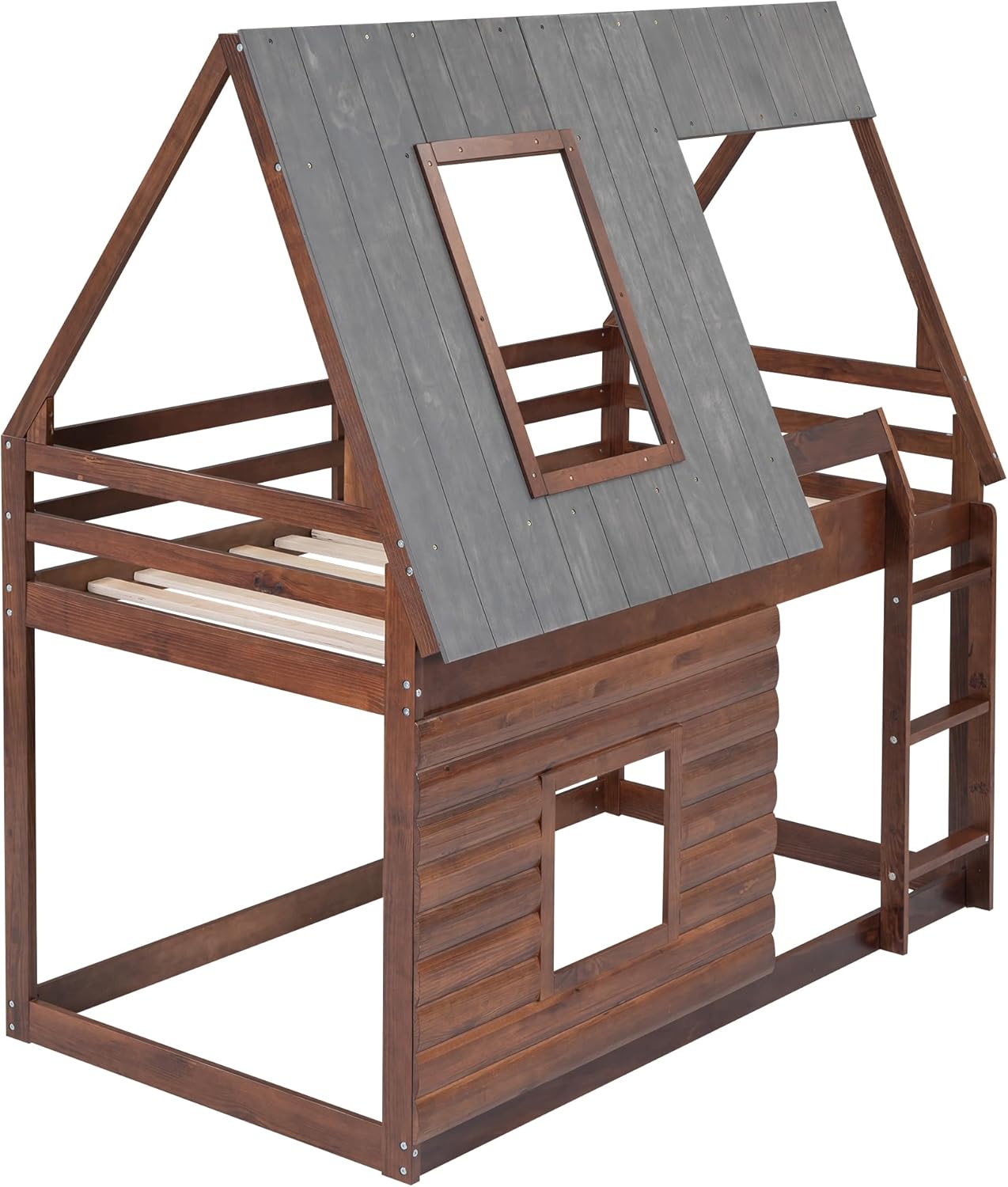 MERITLINE Twin Over Twin House Bunk Bed,House Bunk Beds with Roof and Built-in Ladder Wood Low Bunk Bedframe for Kids Girls Boys(Oak & Smoky Grey)