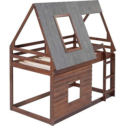 SOFTSEA Twin Over Twin Bunk Bed with Windows and Roof, Bunk Bed for Kids