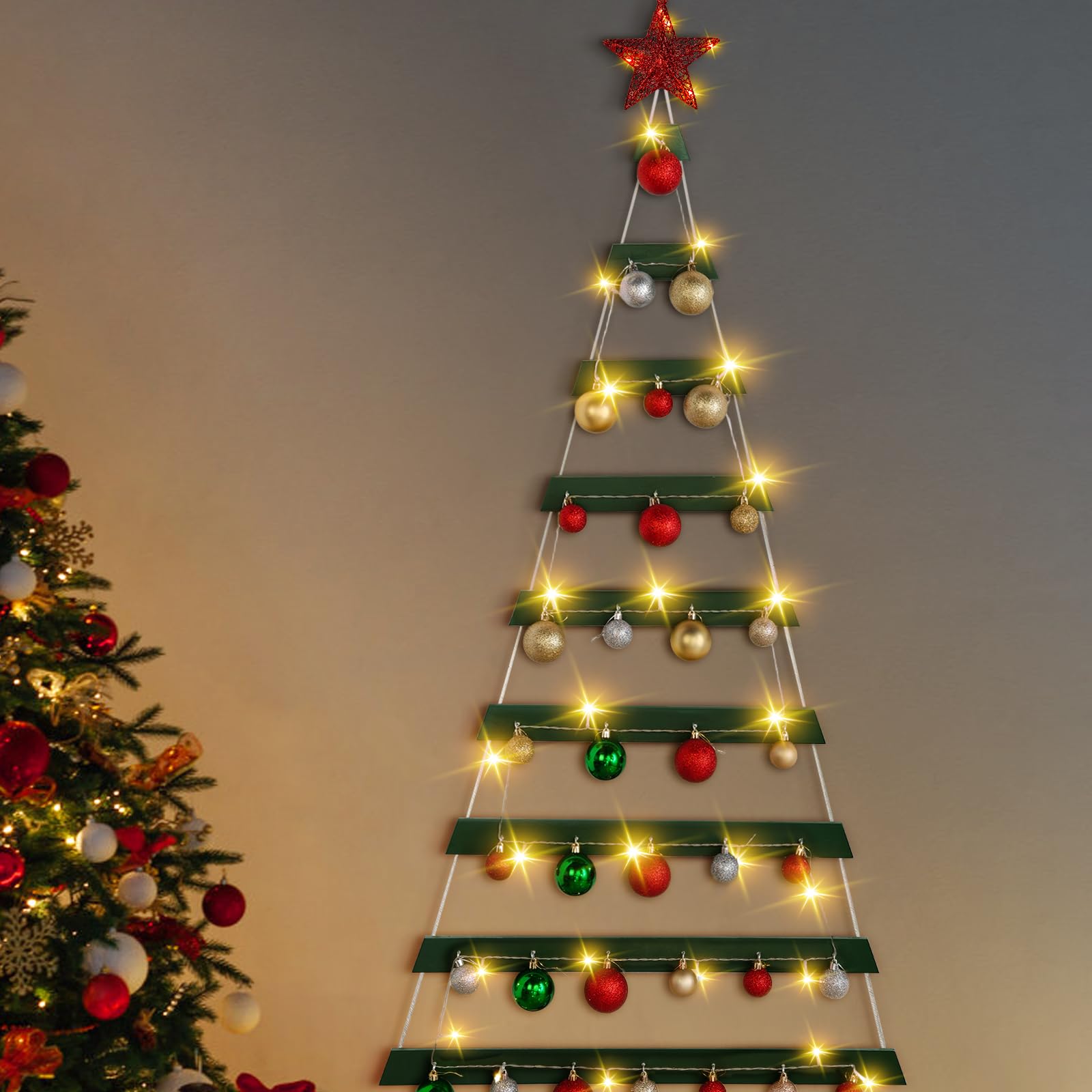 vaipi 60 in wall hanging christmas tree with lighted christmas wall decor green wooden flat hanging xmas tree for holiday 60'' x 30''