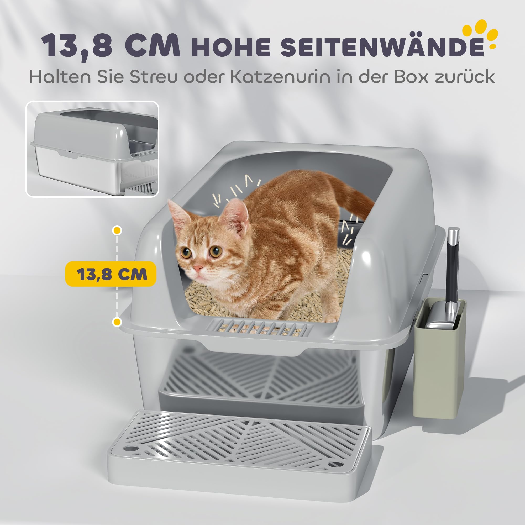 PawHut Katzentoilette Katzenklo Offene XXL Matte 60 x 40 x 30 cm Hellgrau | Mit Schaufel, Hohem Rand, Aufbewahrungsbox, Cat Litter Box ohne Deckel, Für Mittelgroße Katzen, Edelstahl