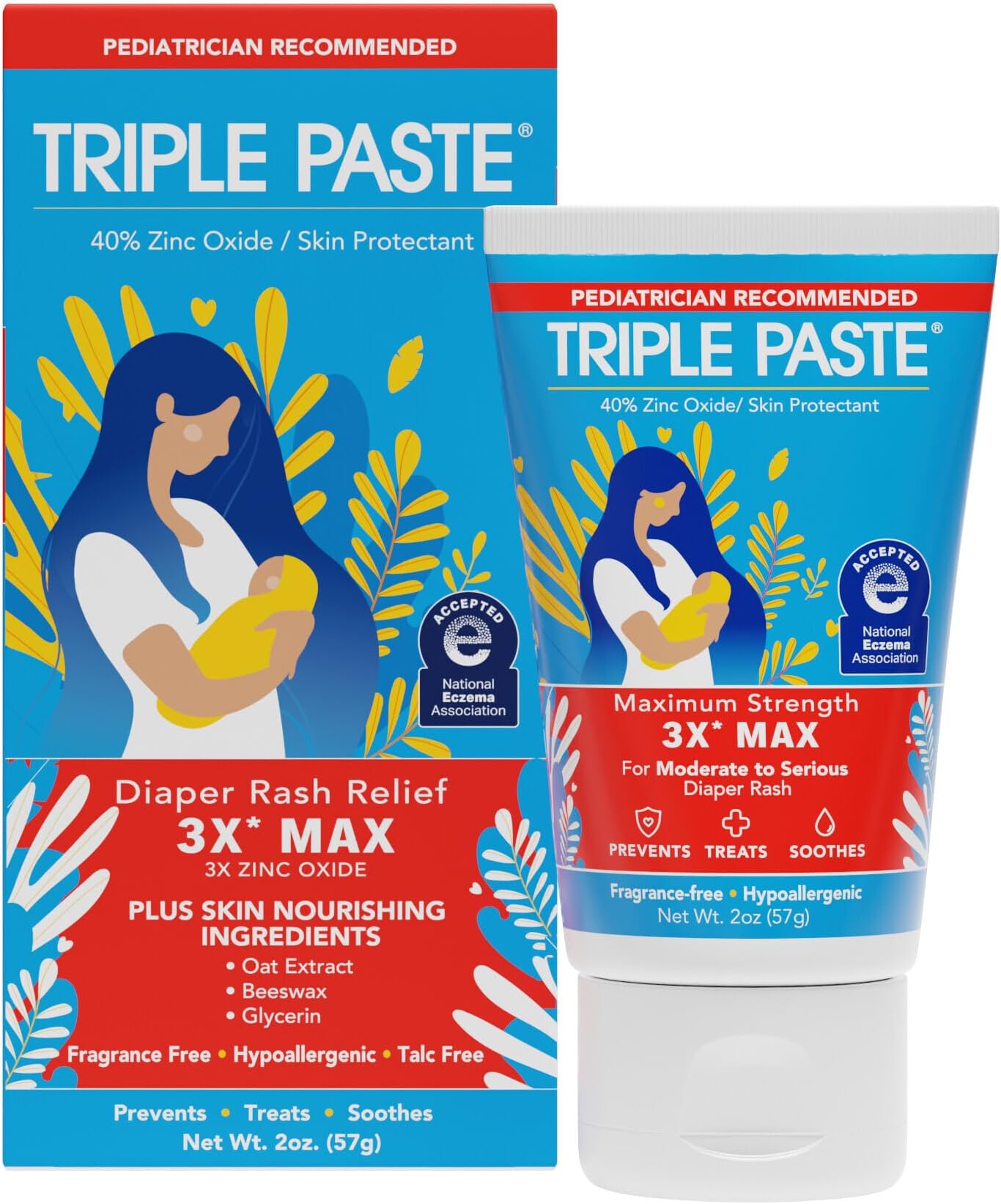Triple Paste 3 x Max Diaper Rash Ointment Maximum Strength Zinc Oil for Severe Diaper Rash, 2 oz Tube