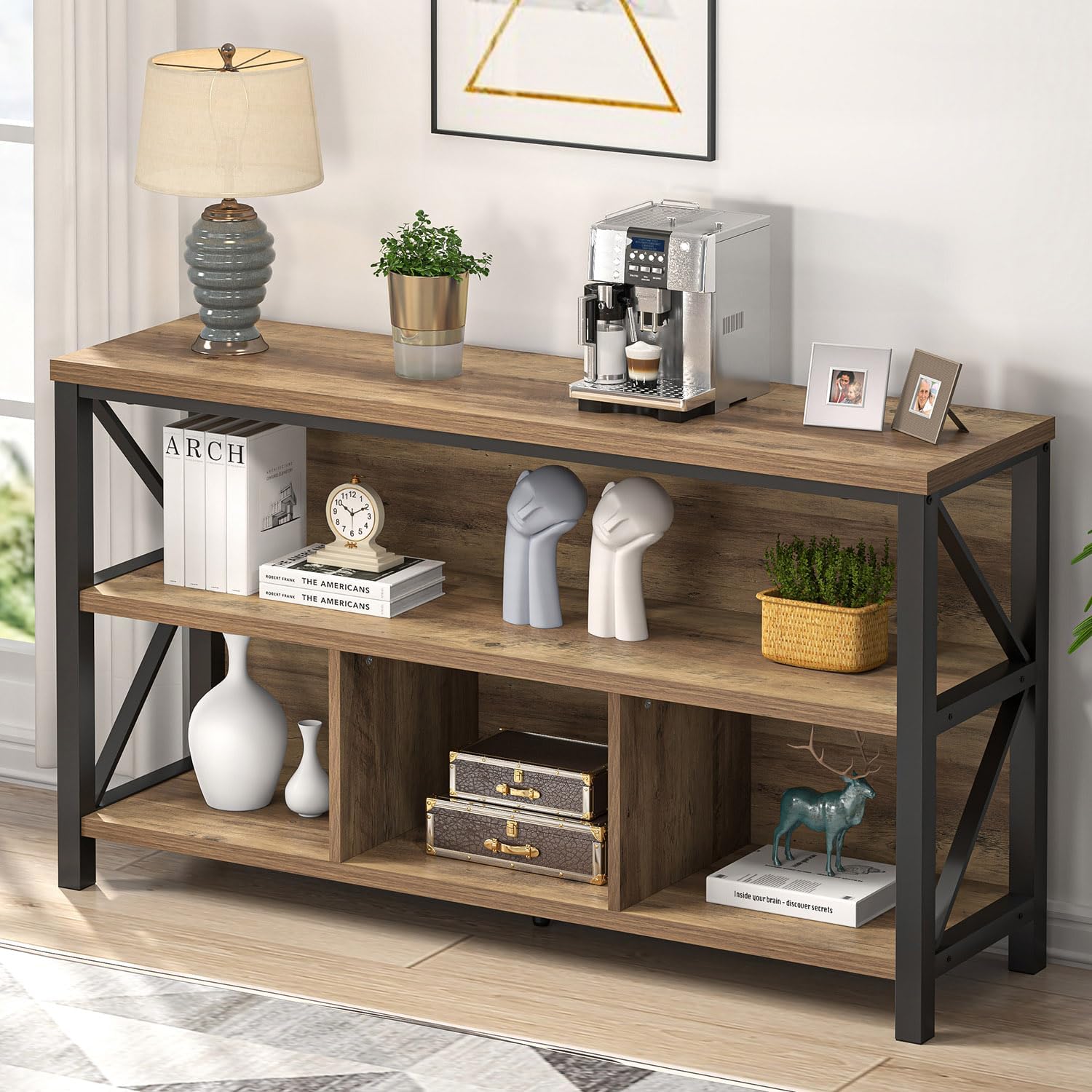 EXCEFUR Rustic Oak 47 Inch Horizontal Bookshelf, Industrial Metal & Wood Bookcase, 4 Cube Storage Organizer for Living Room Home Office, Low Wide Book Shelf for Display