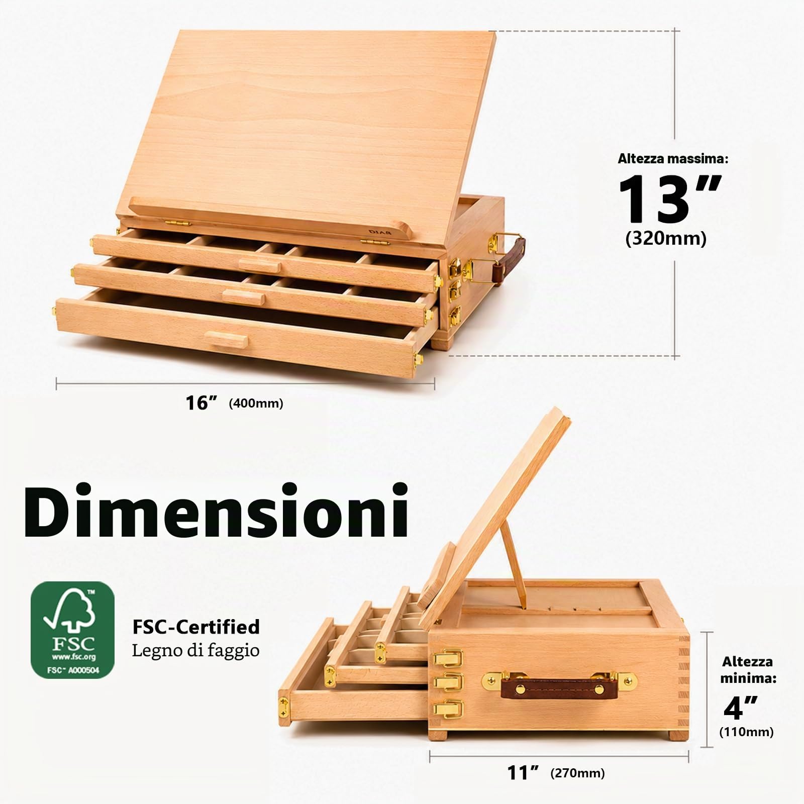 DJAR Cavalletto da tavolo per pittura con 3 cassetti portaoggetti, regolabile e portatile in legno di faggio, Sketchbox da scrivania, supporto per pittura artistica per adulti e studenti
