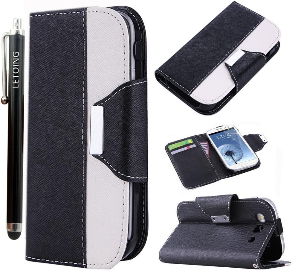 LETOiNG-93PJ69E Wallet Leather Carrying Case Cover With Credit ID Card Slots/ Money Pockets For Samsung Galaxy S3/i9300-Black+White