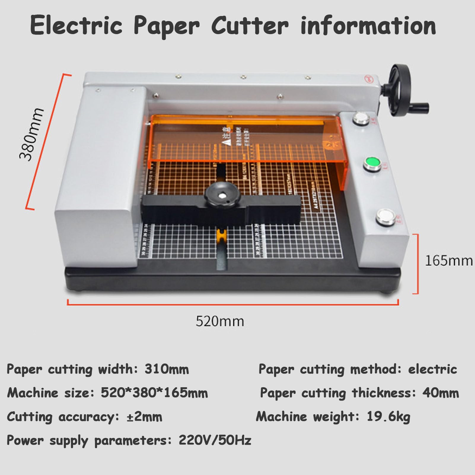 Taglierina elettrica – Taglierina automatica resistente con spessore di taglio 40 mm, macchina da taglio da scrivania per ufficio e scuola con griglie guida di taglio trasparenti