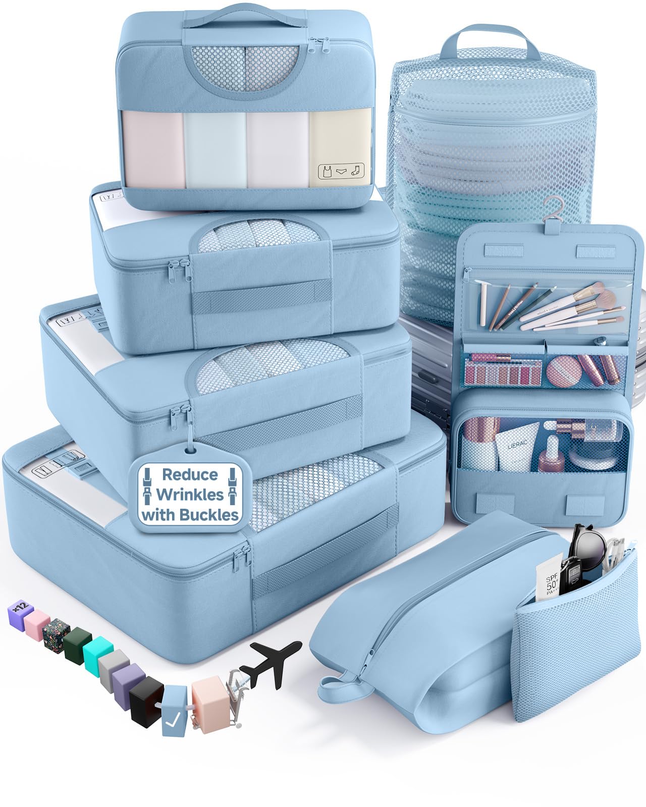Veken 8 Set Packing Cubes for Travel Essentials,Anti-Wrinkle Buckled Suitcase Organizer for Shoe &amp; Toiletry Bag,Carry On Luggage Bag with 99+ Count Mesh Holes for Airplane &amp; College Dorm Accessories
