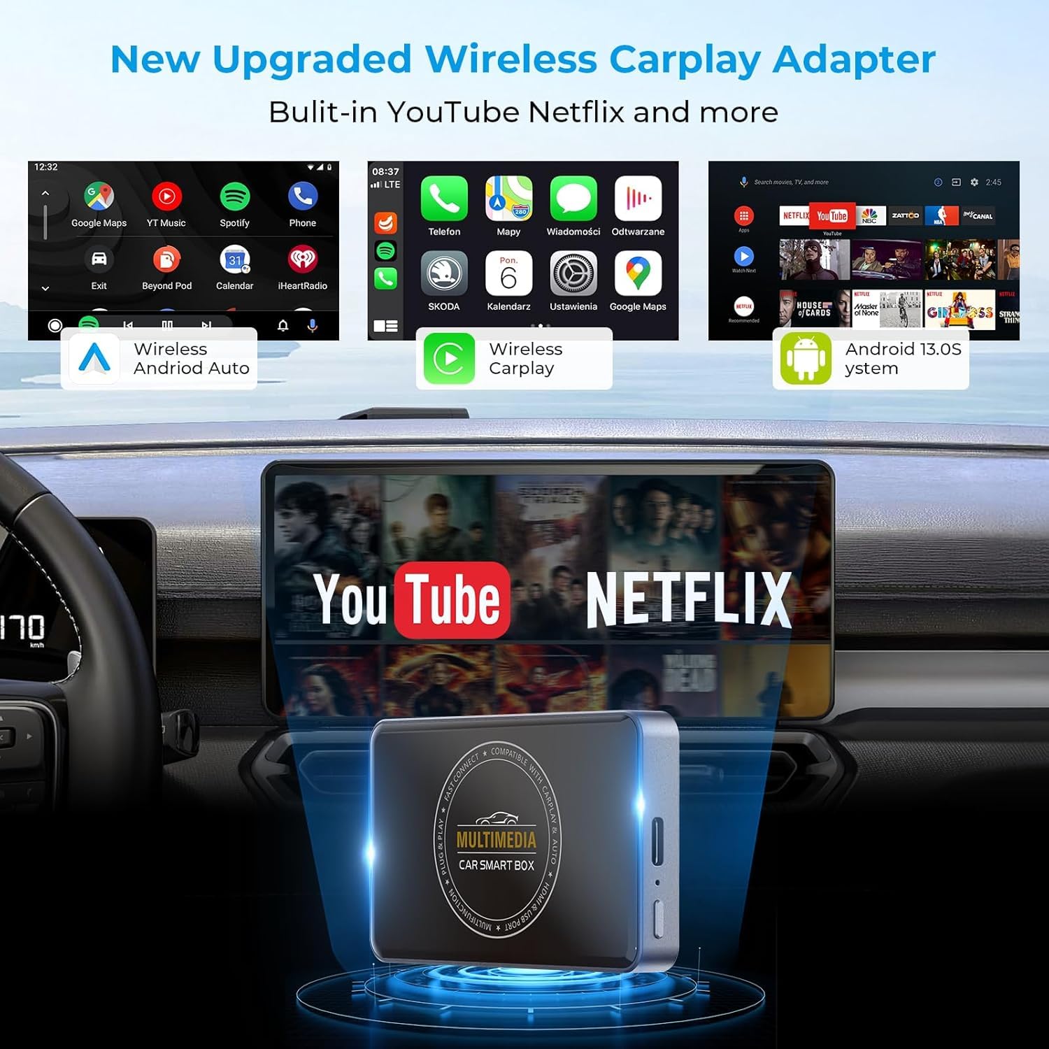 Kabelloser CarPlay Adapter, 3-in-1 AI Box für CarPlay/Android Auto/Video, Plug & Play, integriertes Netflix & YouTube, kompatibel mit werksseitig kabelgebundenem CarPlay & Android Auto